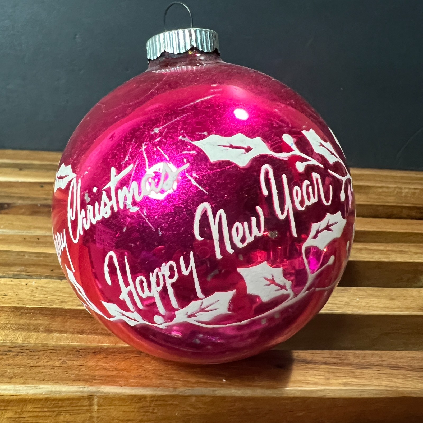 Vintage Shiny Brite Pink Christmas Happy New Year Glass Ball Ornament 3.25\'\' USA