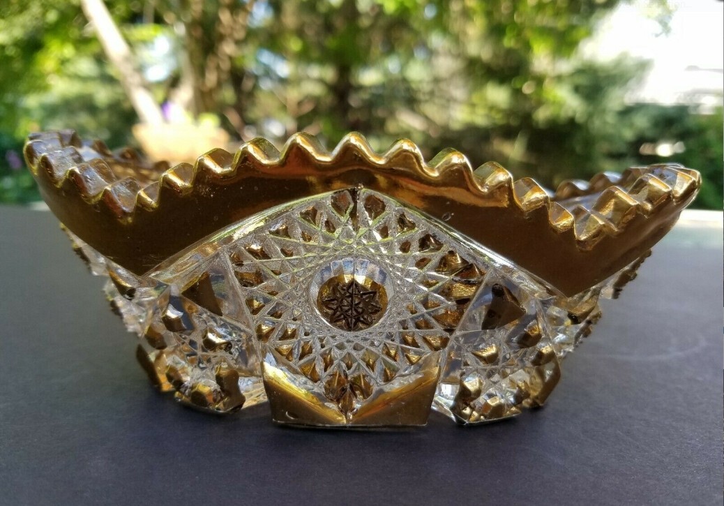 Imperial Glass 503 Heavy Gold n Clear Pressed Pickle Olive Relish Dish Oval VFC