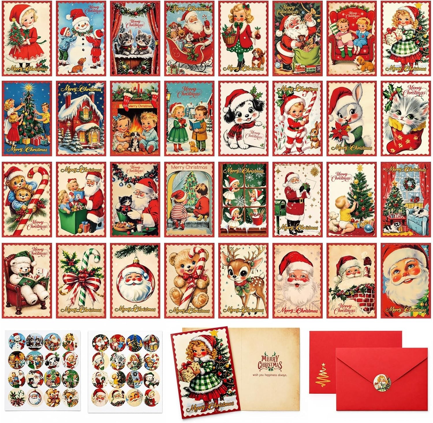 Vintage Christmas Cards with Envelopes 32 Pack Retro Holiday Greeting Set Vintage Christmas Cards with Envelopes 32 Pack Retro Holiday Greeting Set