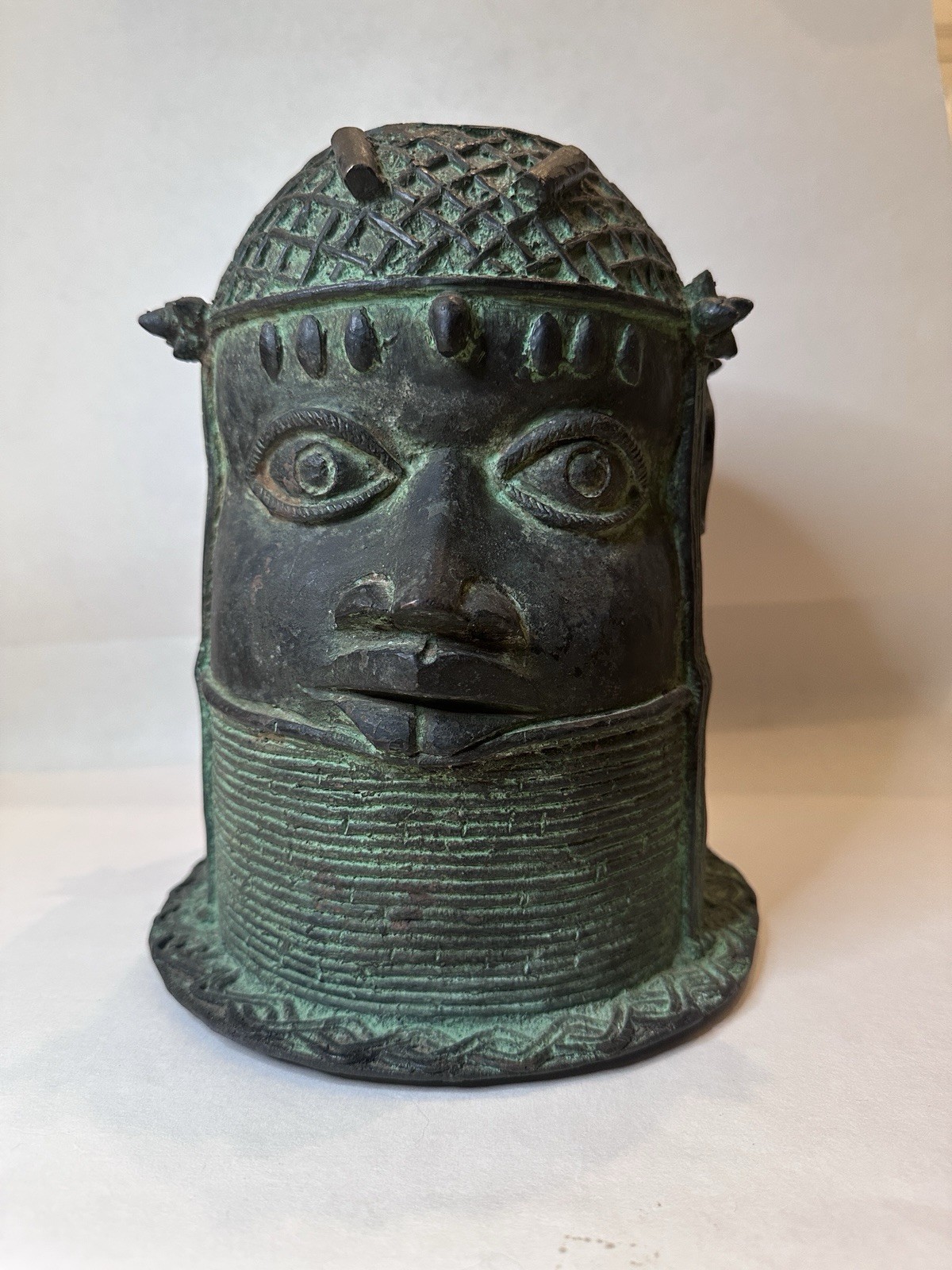 Vintage Benin Style Bronze Oba Head African Edo Royal Sculpture 10.5\