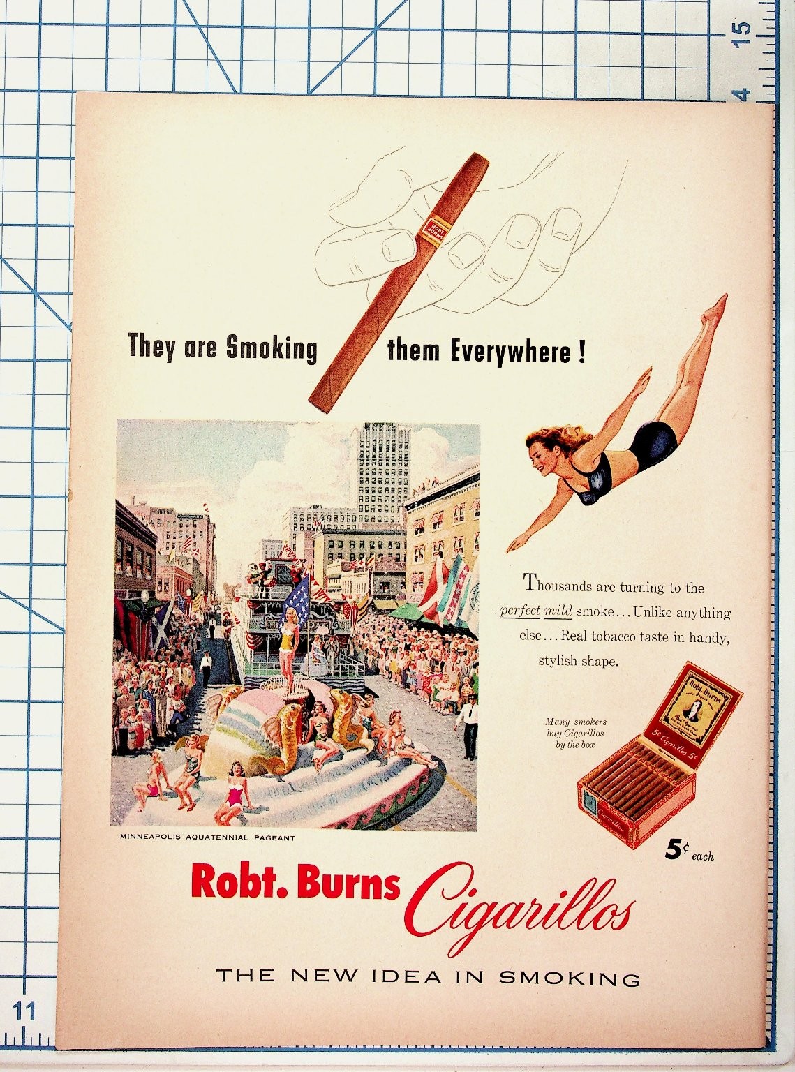 Vintage Robt. Burns Cigarillos Ad Minneapolis Aquatennial Diving Woman 1940s 50s