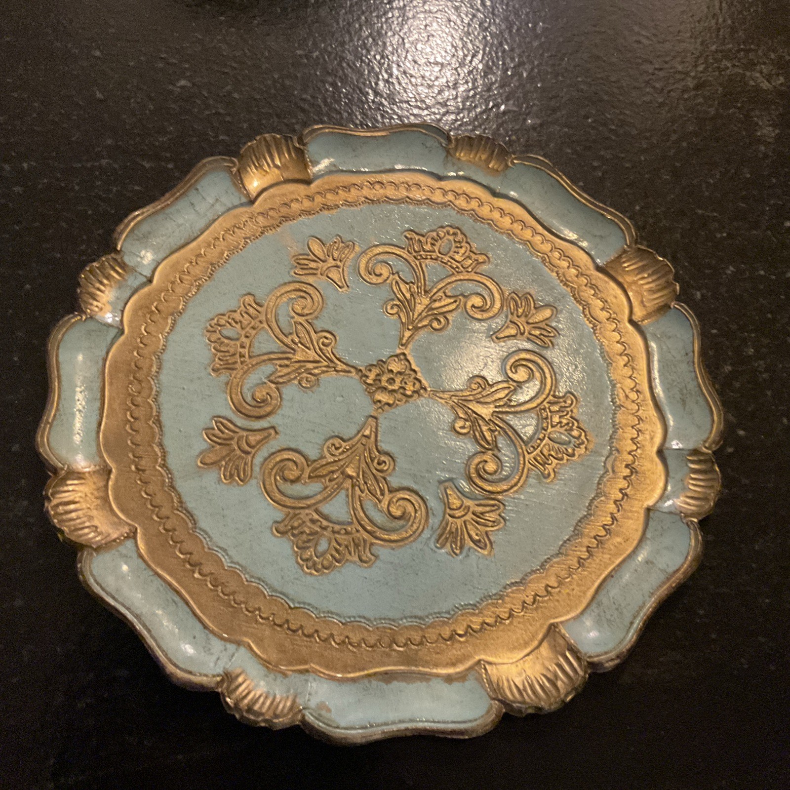 Vintage Florentine Gold & Turquoise Tray / Plate Italy 11.25”