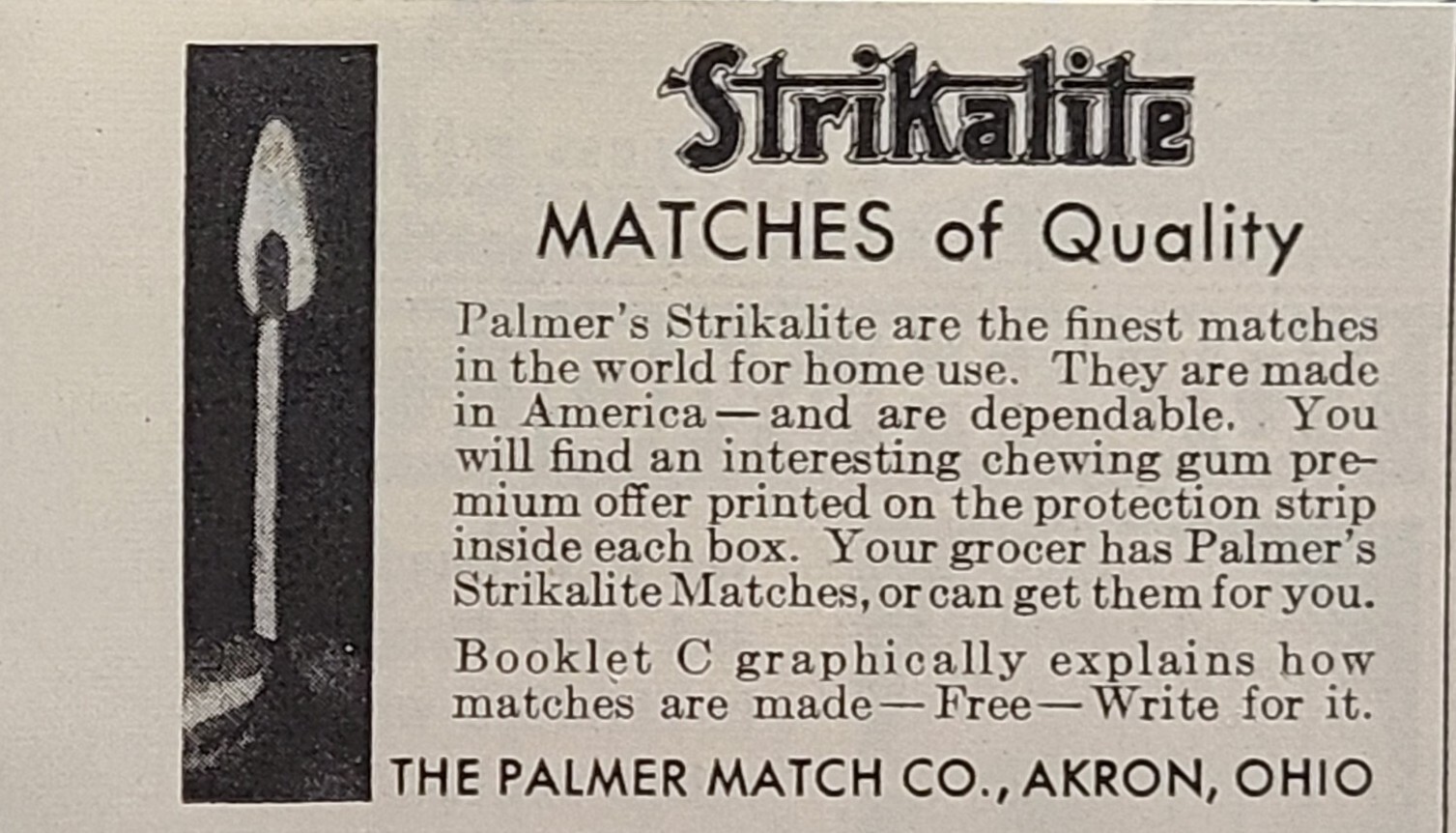 Palmer\'s Strikalite Quality Matches Dependable Flame Akron Vintage Print Ad 1936