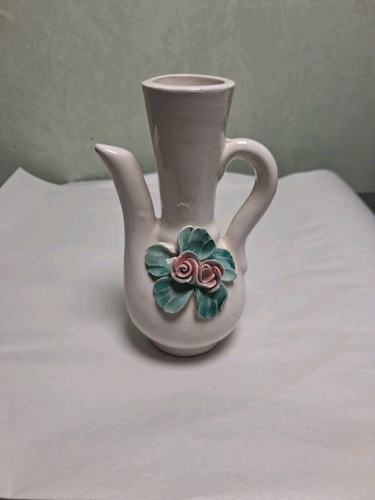 Vintage Miniature Porcelain Ewer Pitcher Vase Applied Pink Roses Cottagecore