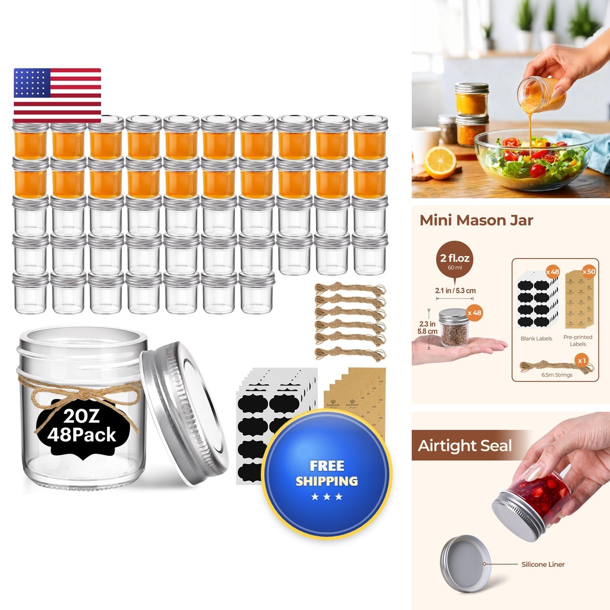 ComSaf 2 oz Mini Mason Jars 48 Pack Glass Jars with Lids
