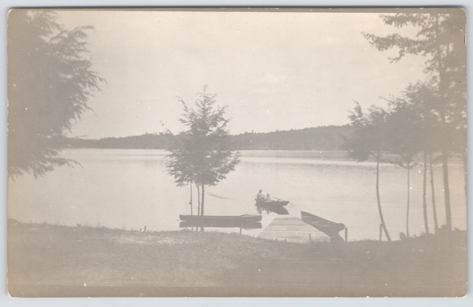 Vintage RPPC Lake Scene Rowboat Dock Trees Real Photo Postcard Unposted