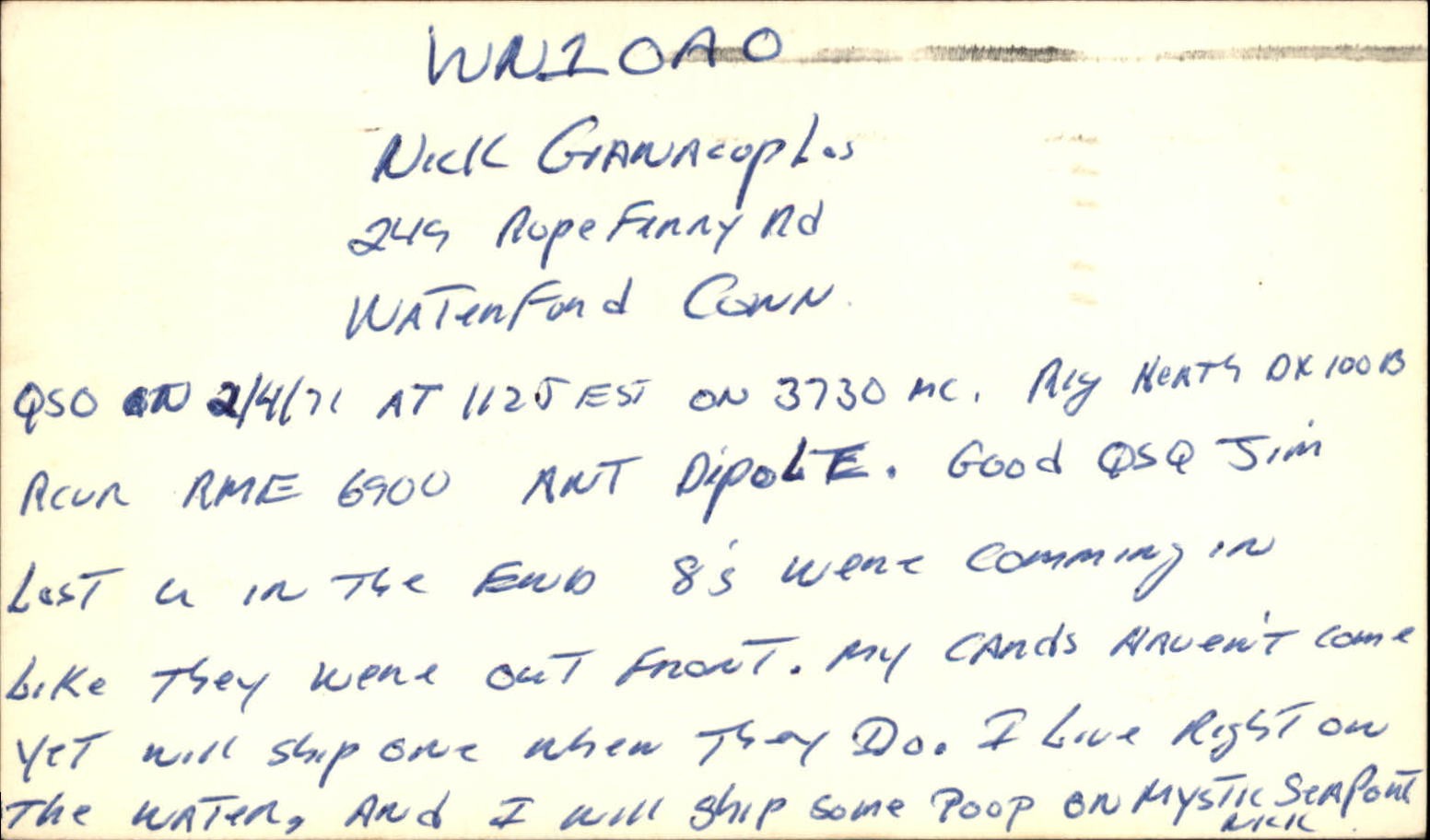 QSL radio card WN1PAP 1971 Waterford Connecticut  Nick Gianacoples