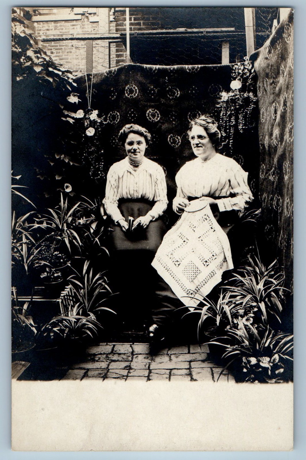c1910's Two Women At House Garden Quilting RPPC Photo Unposted Antique Postcard c1910's Two Women At House Garden Quilting RPPC Photo Unposted Antique Postcard