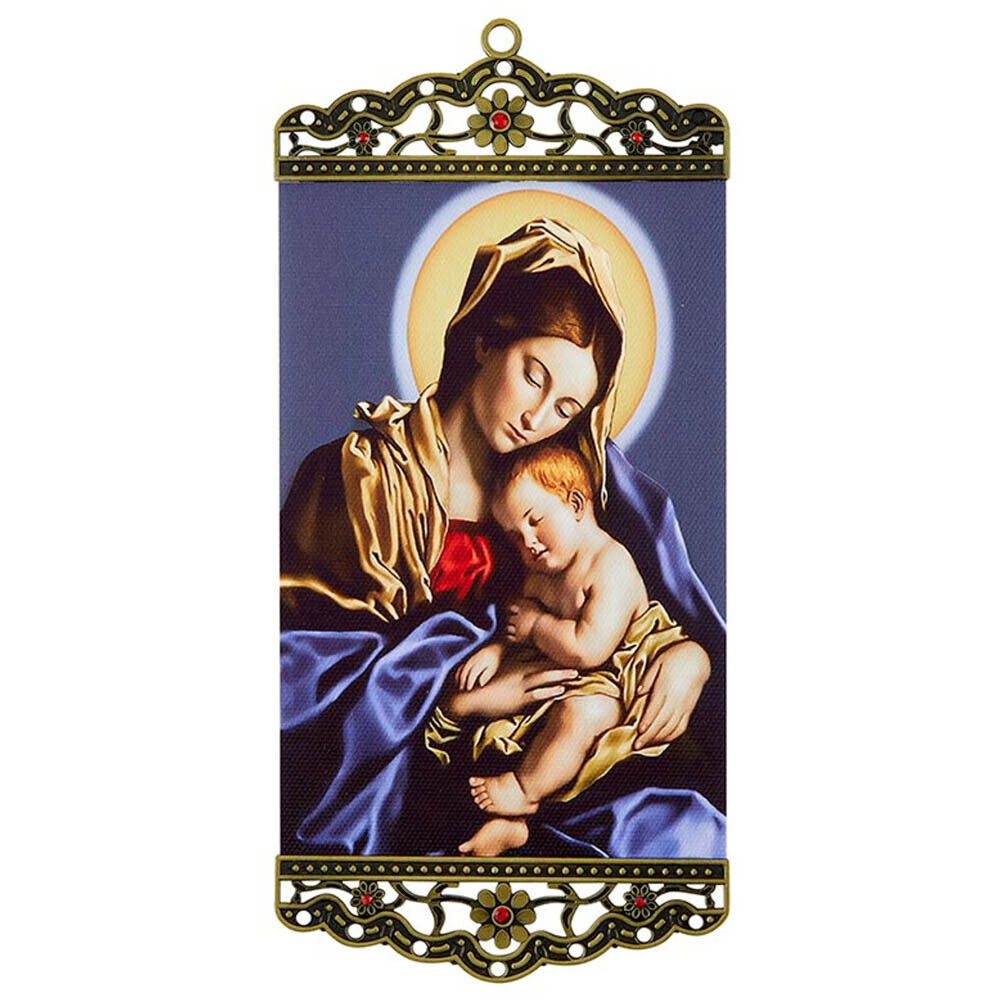 Brass Framed Canvas Madonna And Child Wall Hang Tapestry 3\