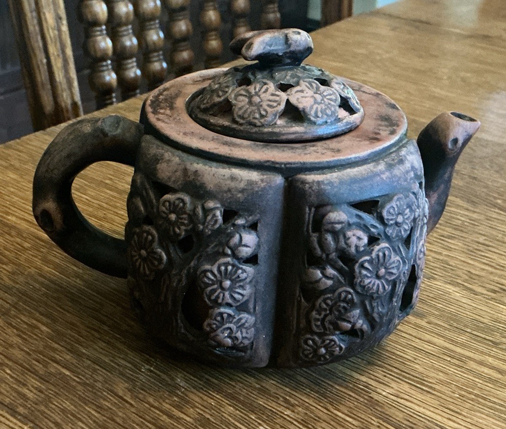 Vintage Pierced Clay Chinese Brown Teapot Floral Pattern 
