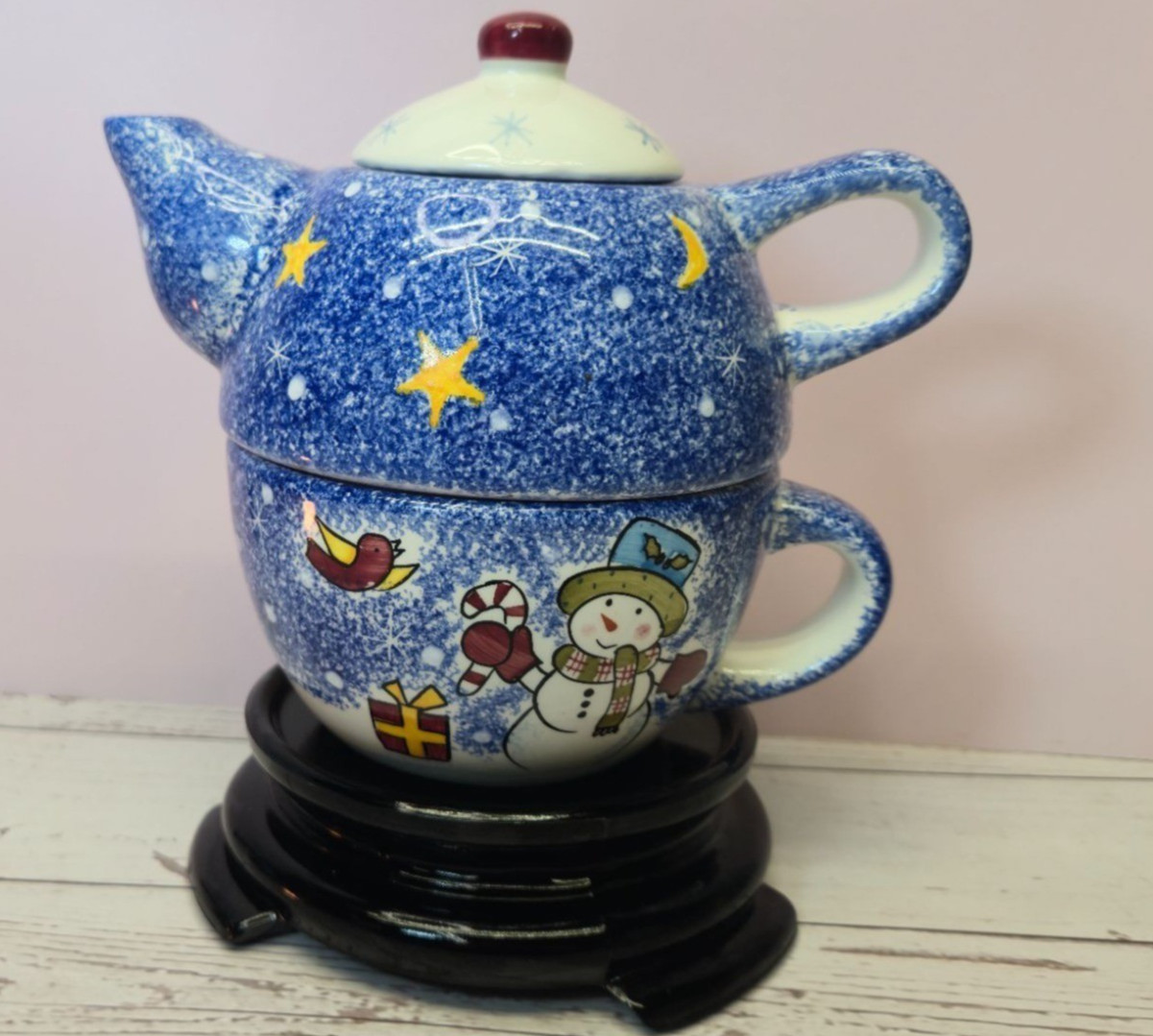 Vintage Studio Nova Snowman Stacking Teapot Lid & Cup Frosty Christmas decor