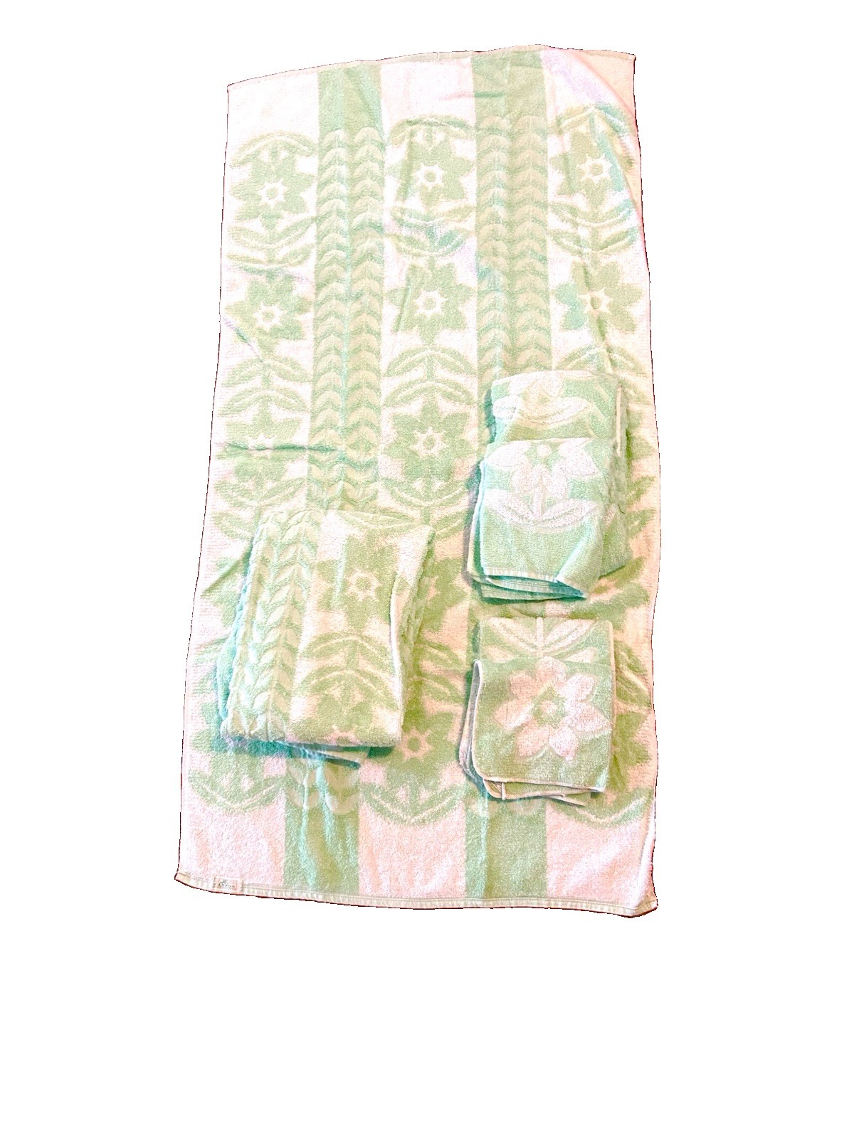 Vtg 70s Cannon Green 2 Tone Sculpted Flower Set 6 Bath Hand Towels Facecloth