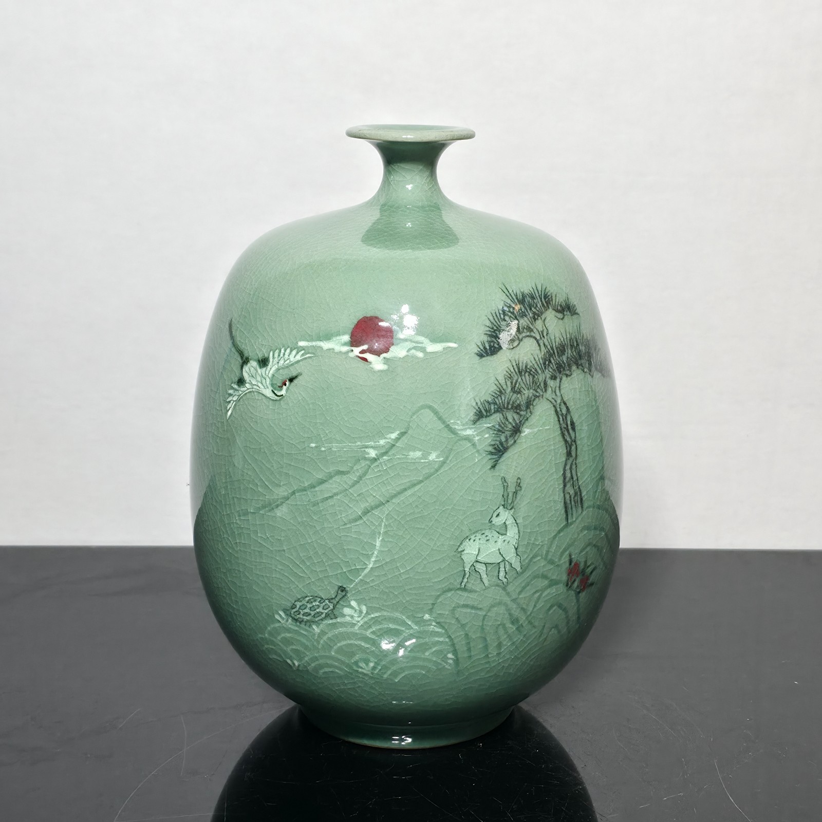 Vintage Korean Celadon Vase Signed Crackle Glaze Crane Deer Turtle Landscape