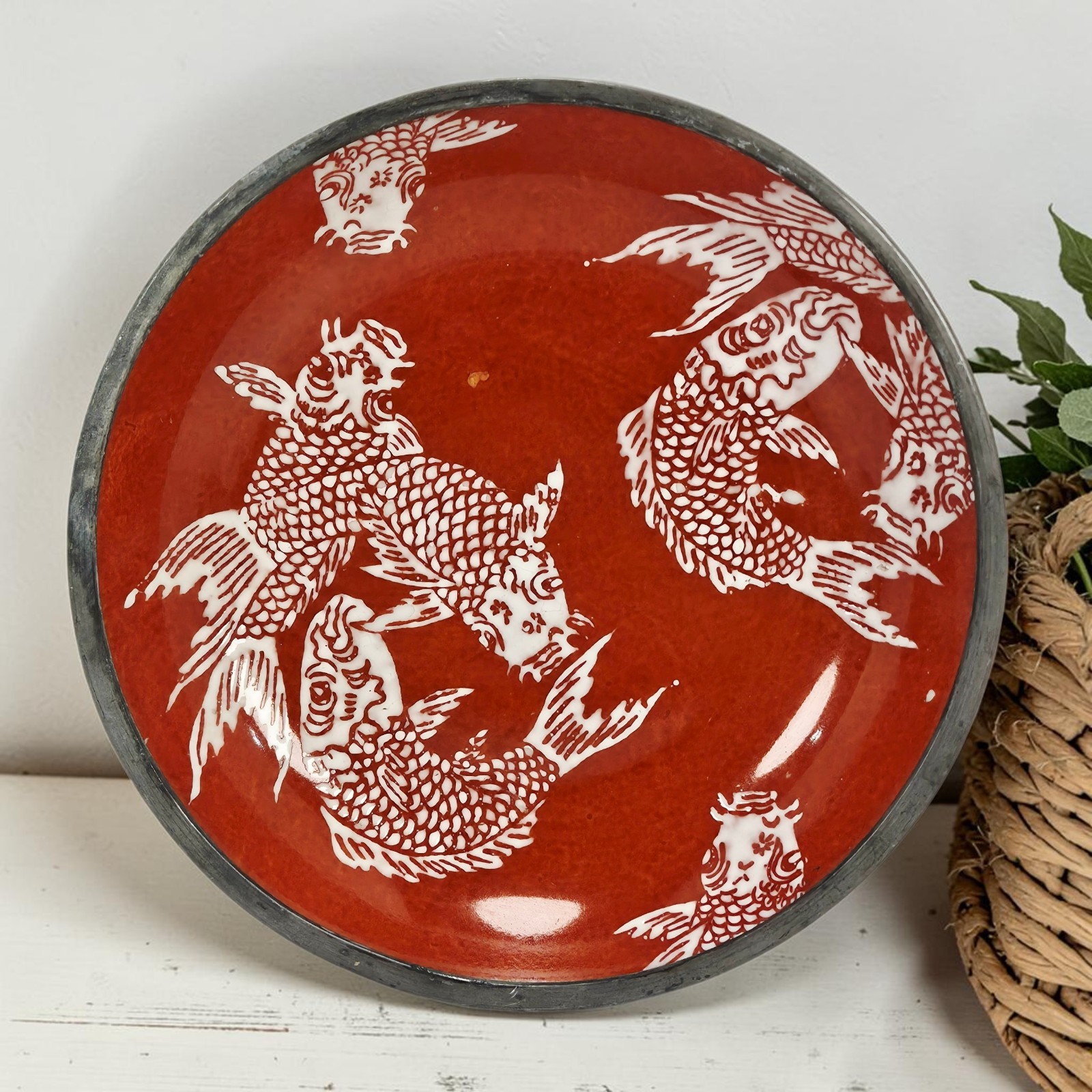VTG Neiman Marcus Porcelain Red-Orange Koi Fish Bowl Pewter Wrapped Hong Kong 8 VTG Neiman Marcus Porcelain Red-Orange Koi Fish Bowl Pewter Wrapped Hong Kong 8
