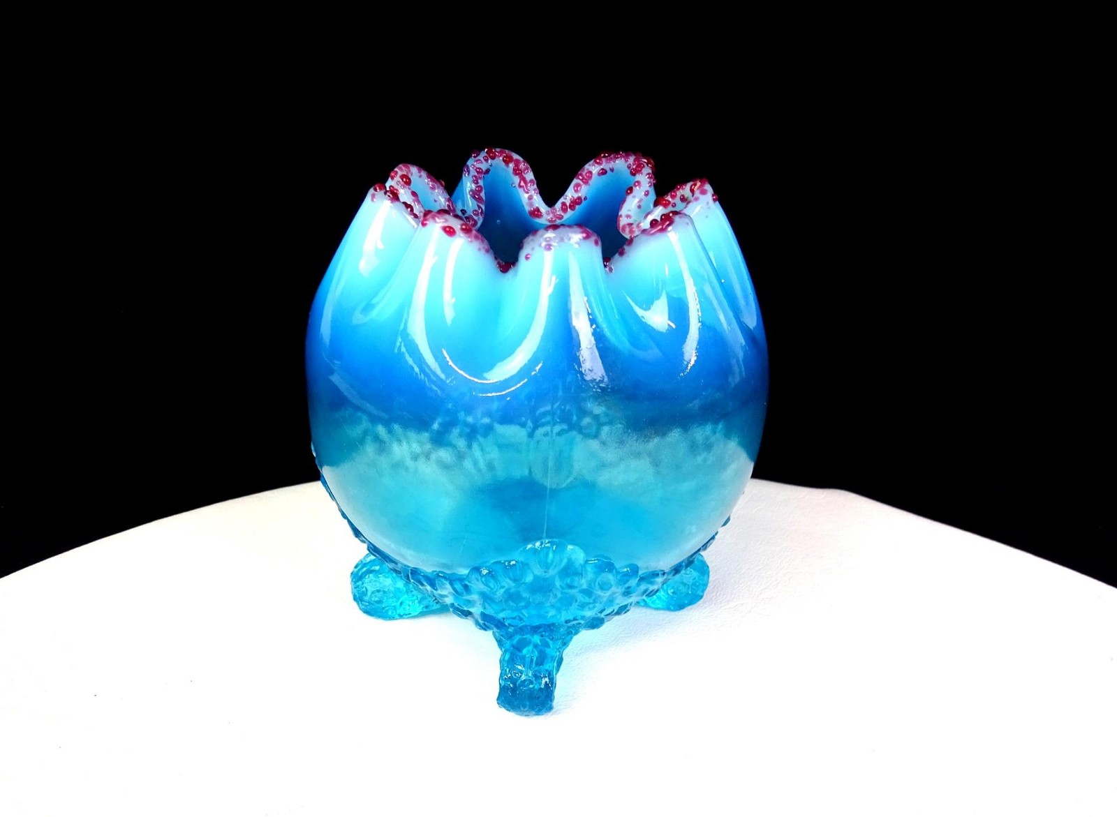 Jefferson EAPG Opalescent Blue Glass Pearls & Scales Ruby Frit 4 1/4\