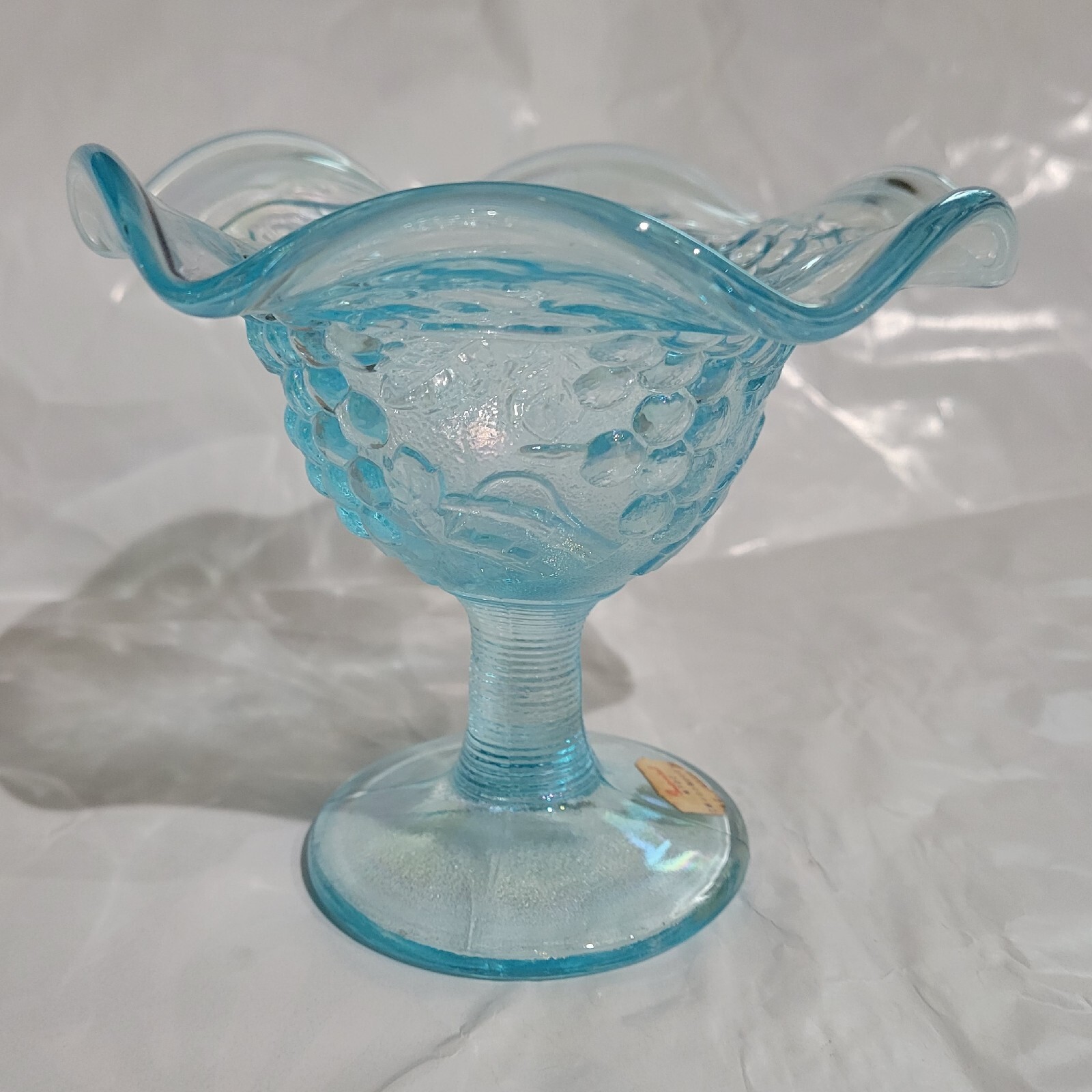 Vintage Imperial Glass Ice Blue Iridescent Grape Compote W/ Original Sticker 
