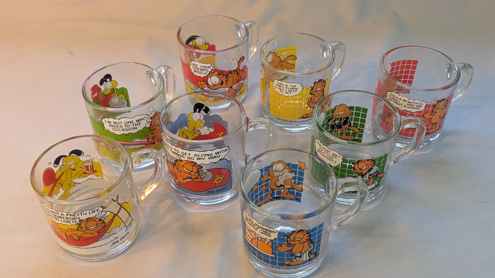 McDonald\'s 1978 Vintage GARFIELD GLASS MUGS Davis Check 8oz 2 COMPLETE SET 4 x8