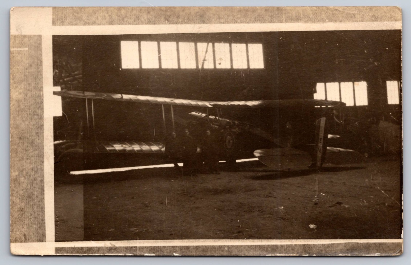 RPPC British Biplane in Hangar & Three Men Real Photo Postcard