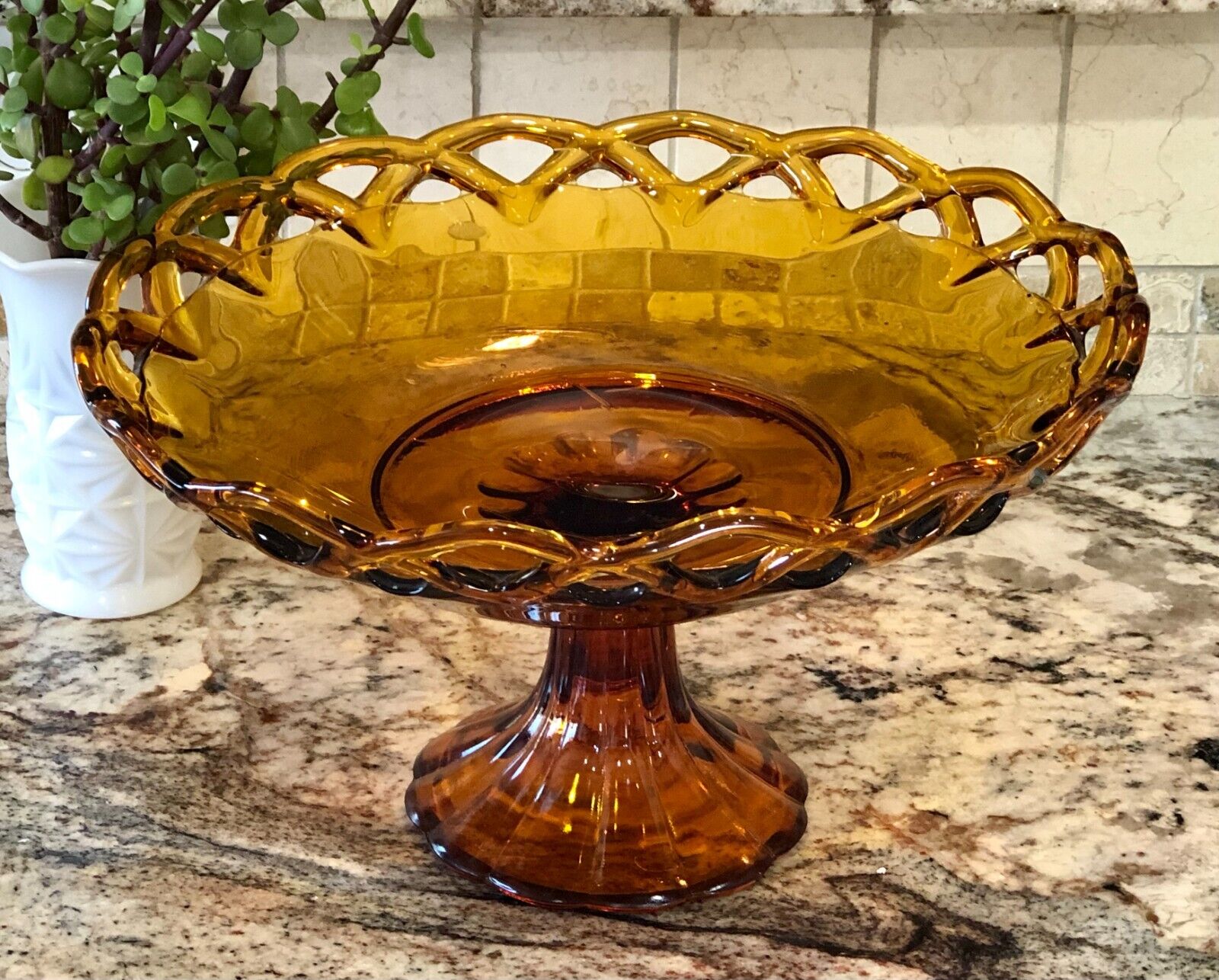 Vintage Colony Lace Lattice Edge Amber Pedestal Compote Cake Stand - Beautiful