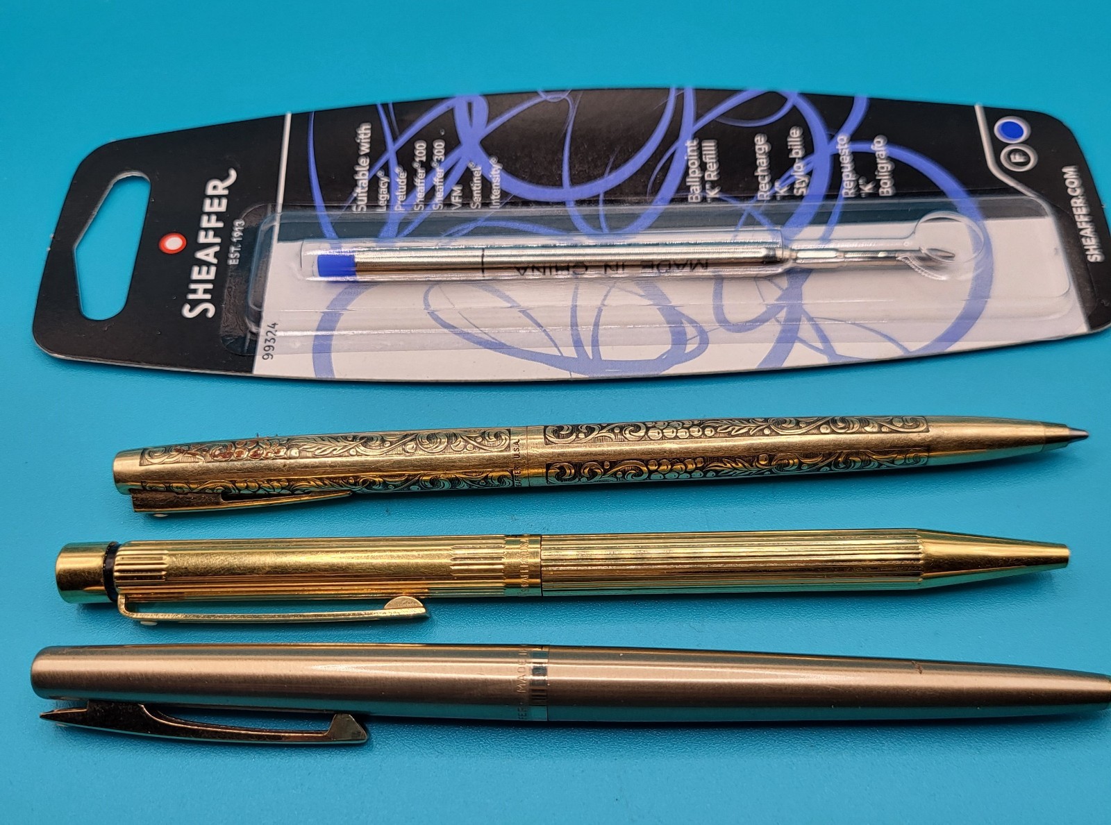3 Vintage 70s-90s  Sheaffer US Ballpoint Pens 12K GF, 23K GP With New Refill