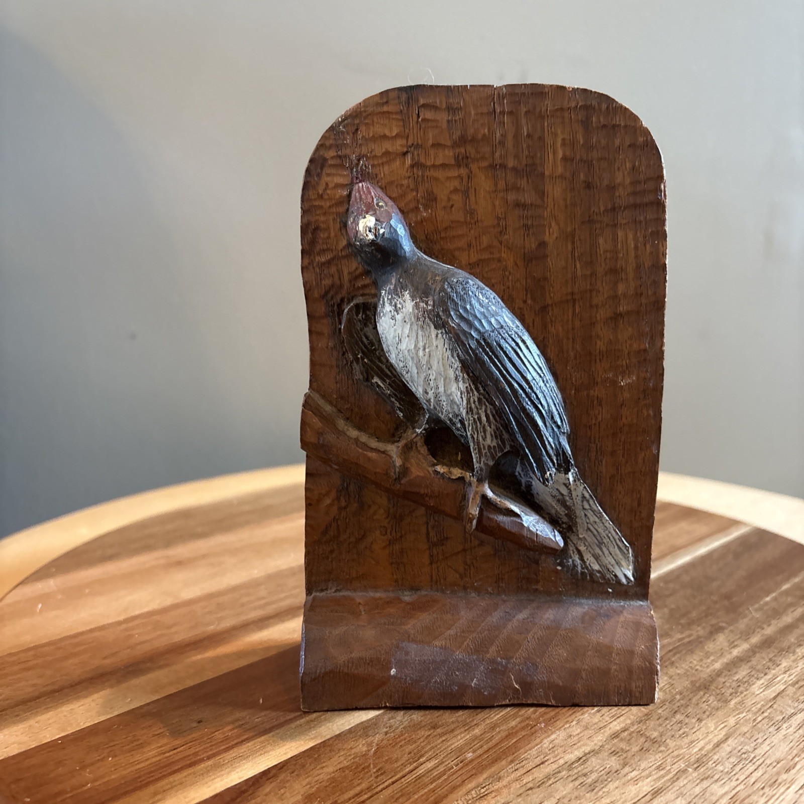 early American Folk Art, hand carved Woodpecker wood bookend. early American Folk Art, hand carved Woodpecker wood bookend.