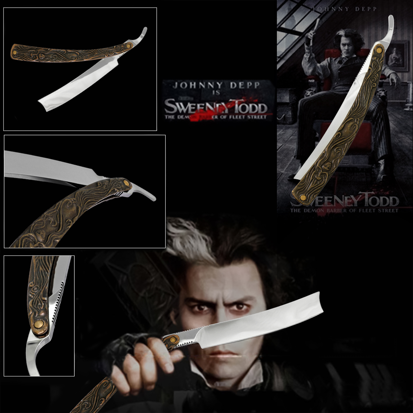 SWEENEY TODD DEMON BARBER'S STRAIGHT RAZOR REPLICA, BURTON DEPP SHAVING SONDHEIM