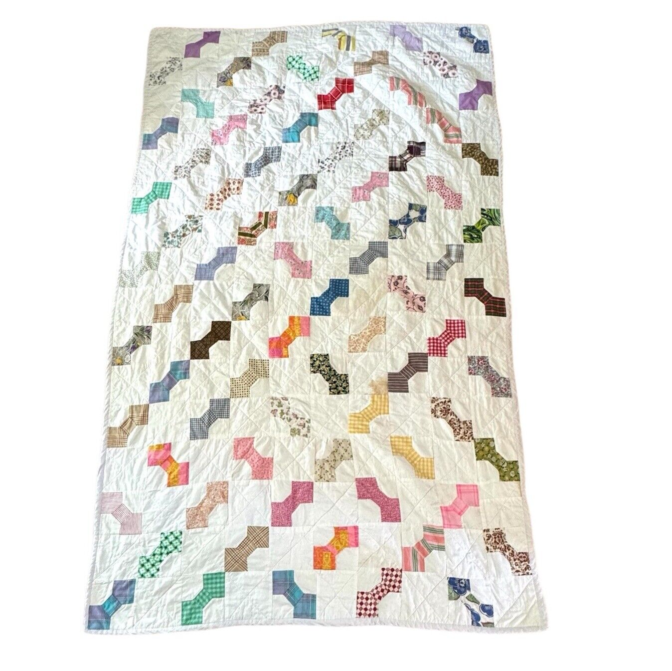 Vintage Bowtie Patchwork Quilt Handmade 100% Cotton 54” X 88” Colorful