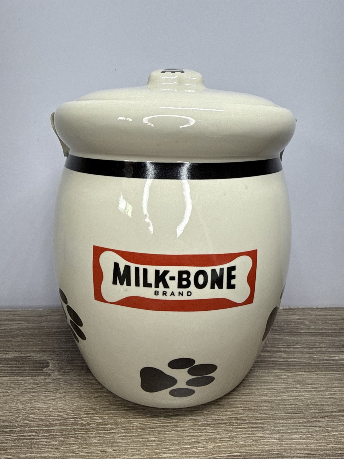 Vtg Milk-Bone Dog Treats Biscuits Cookie Jar Ceramic Paw Prints with Lid Puppy