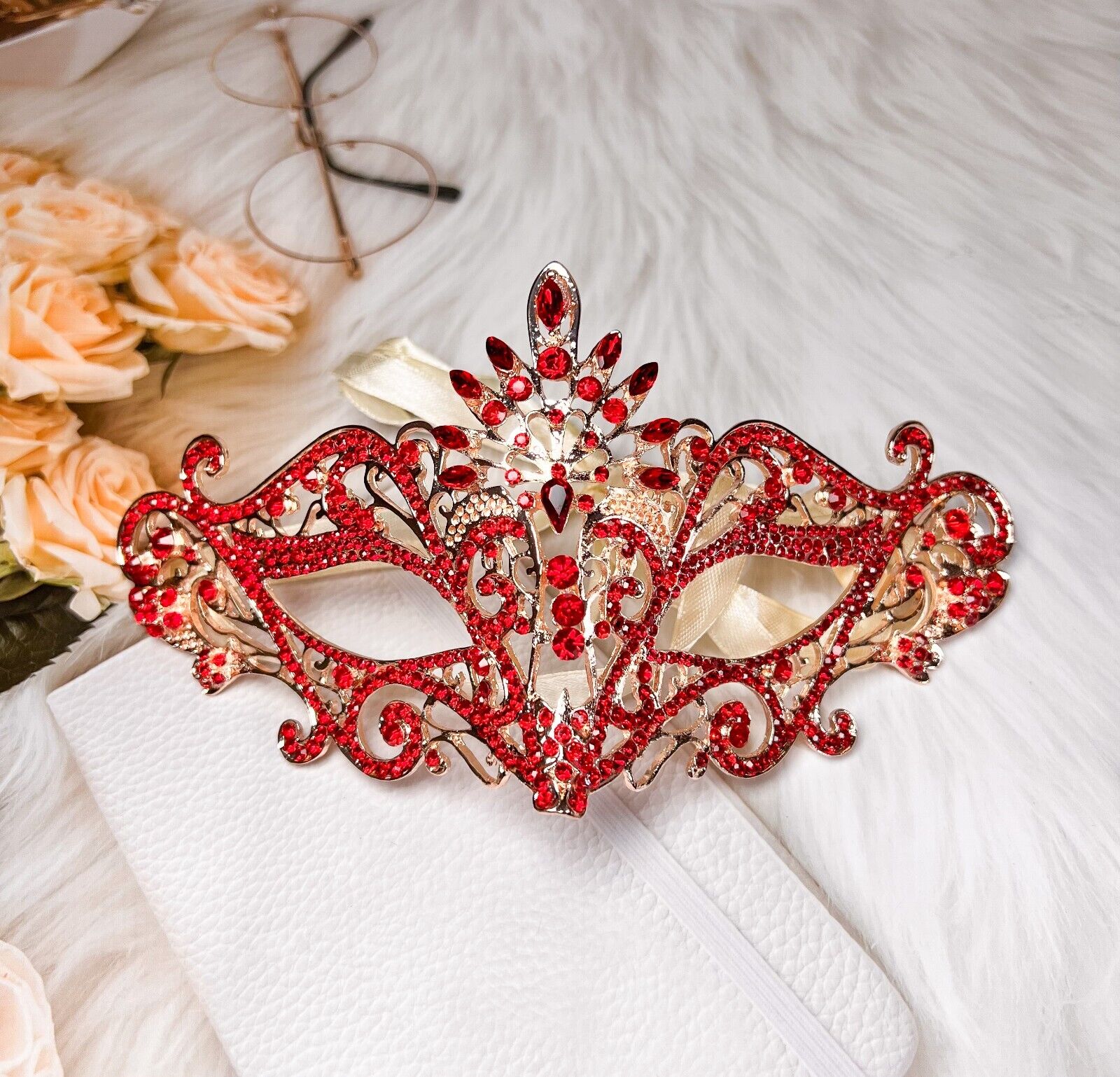 Masquerade Mask Luxury Ruby Red Crystal, Rhinestone Eye Mask, Elegant Party Mask