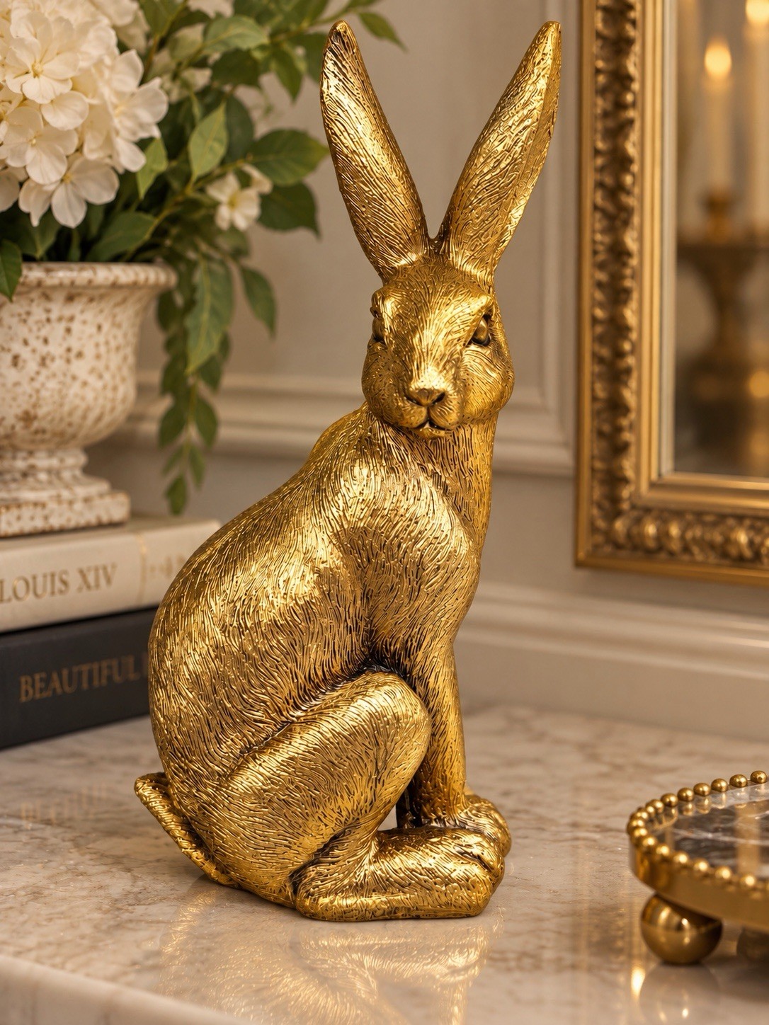 VTG Style Gold Resin Hare Figurine Bookend Golden Rabbit Statue Sculpture Art 8”