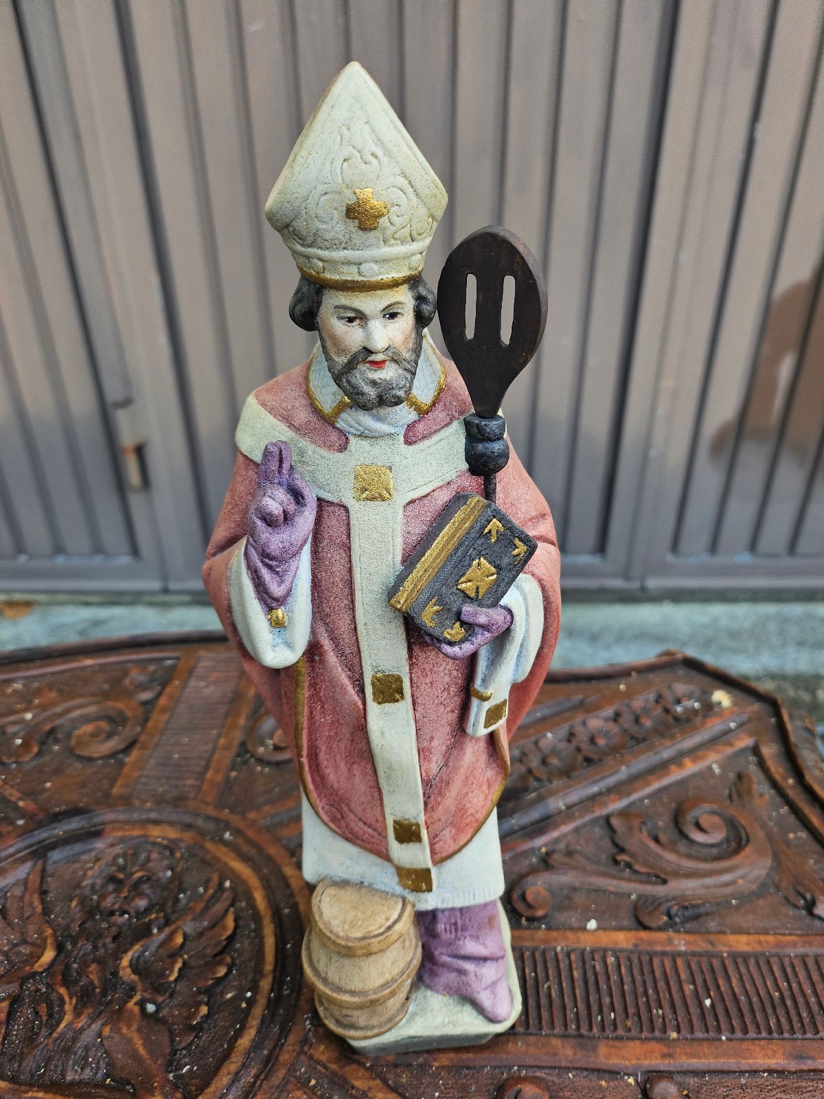 Vintage Saint Arnold Statue French Stone  Patron Saint of Brewers Beer Barrel F