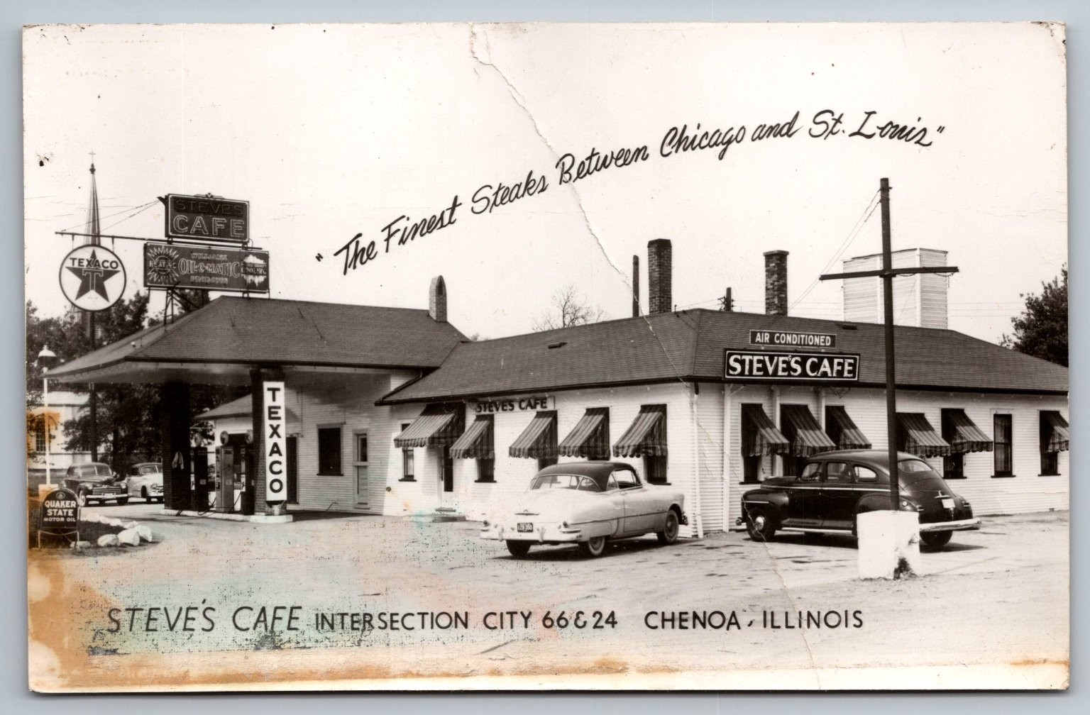 Steve\'s Cafe Chenoa IL Route 66 Texaco Gas Station RPPC Vintage Cars