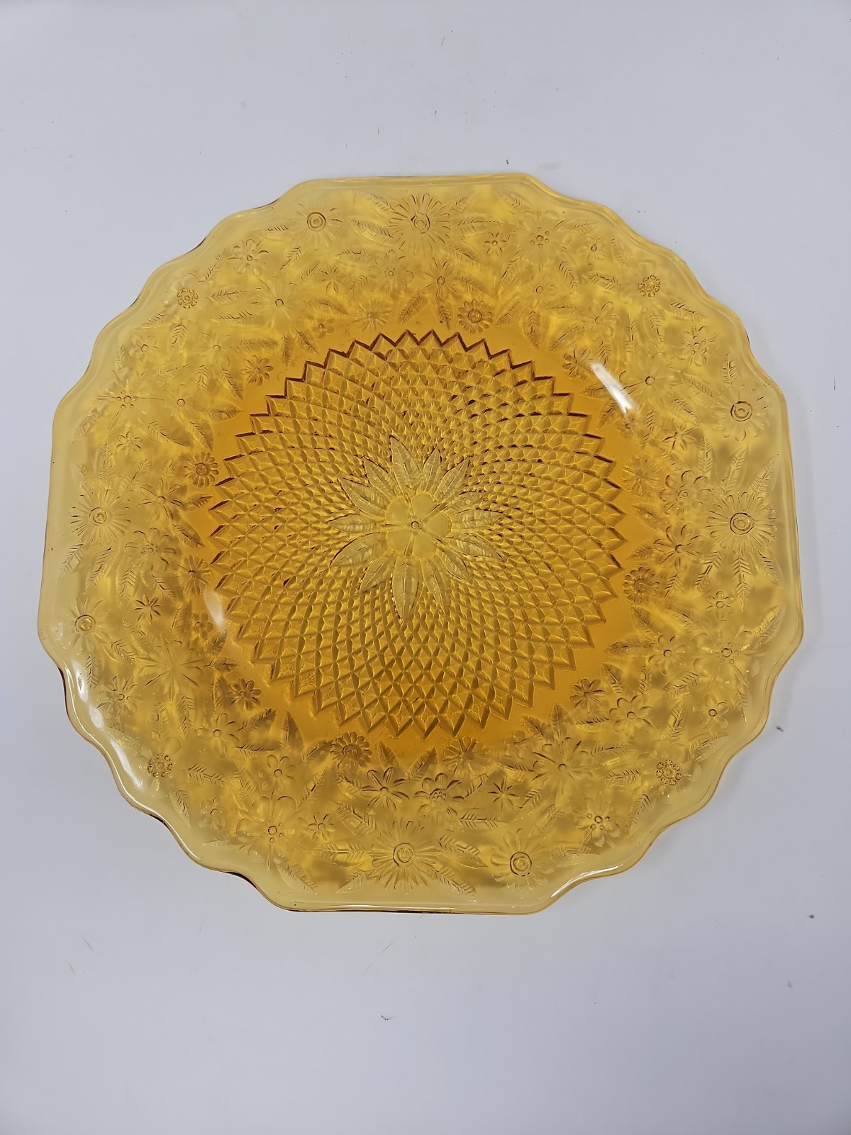 Vintage Indiana 618 Pineapple & Floral Amber Glass Cake Serve Platter Plate 11\