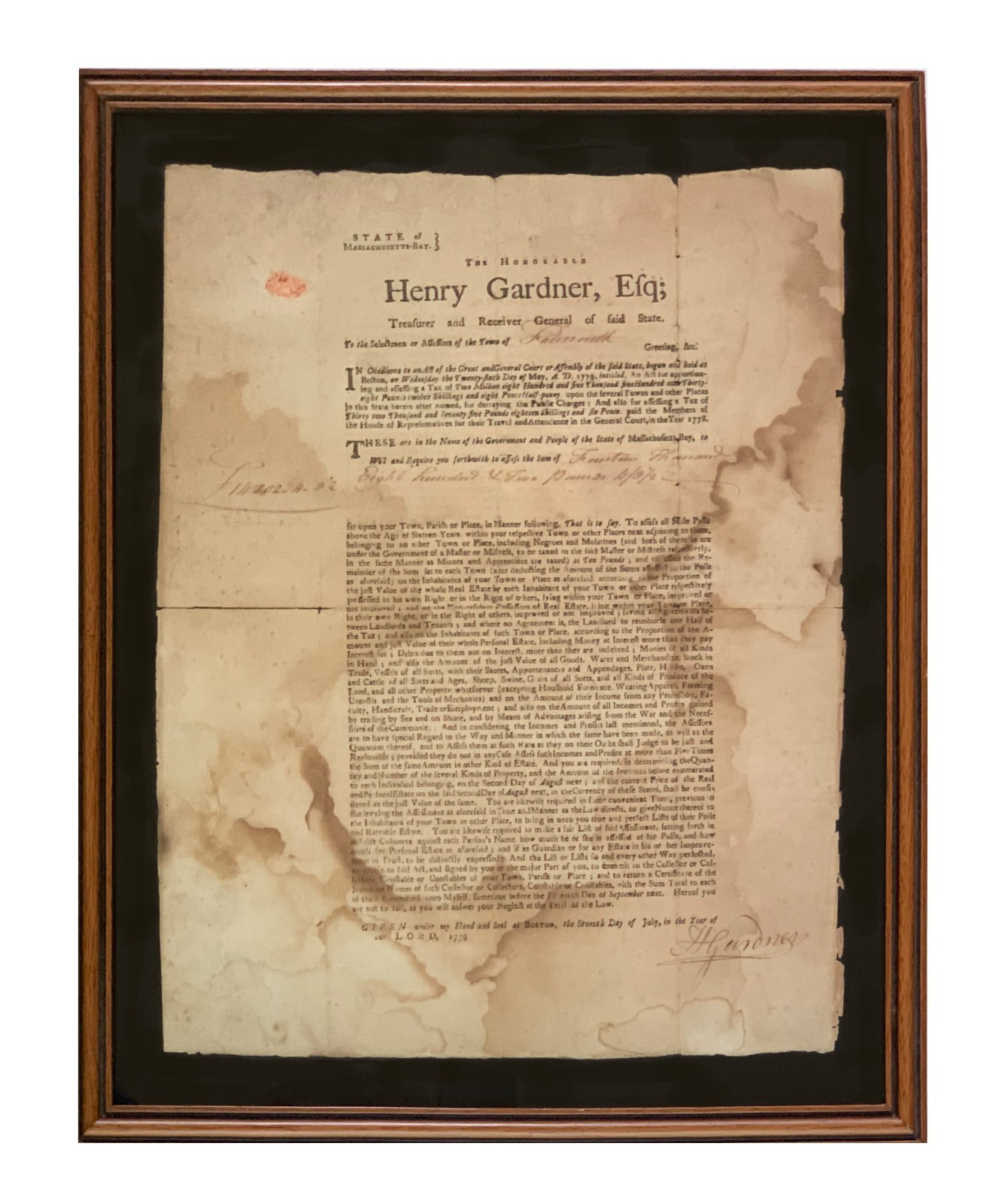 1779 Massachusetts Rev war Tax Document, 