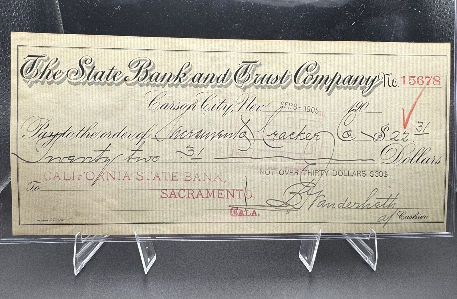 1905 Carson City Nevada State Bank & Trust Co Check #15678 Antique