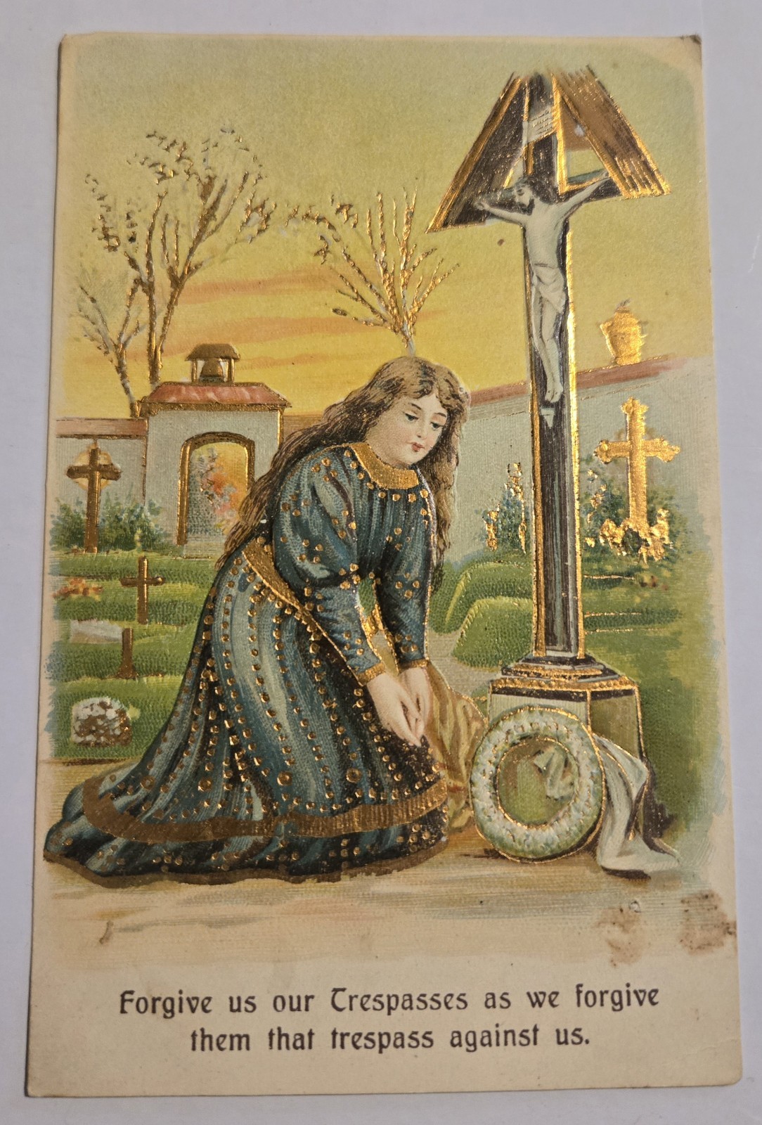 Religious Forgive Trespasses Germany Embossed Gold Gilt Antique Postcard F7