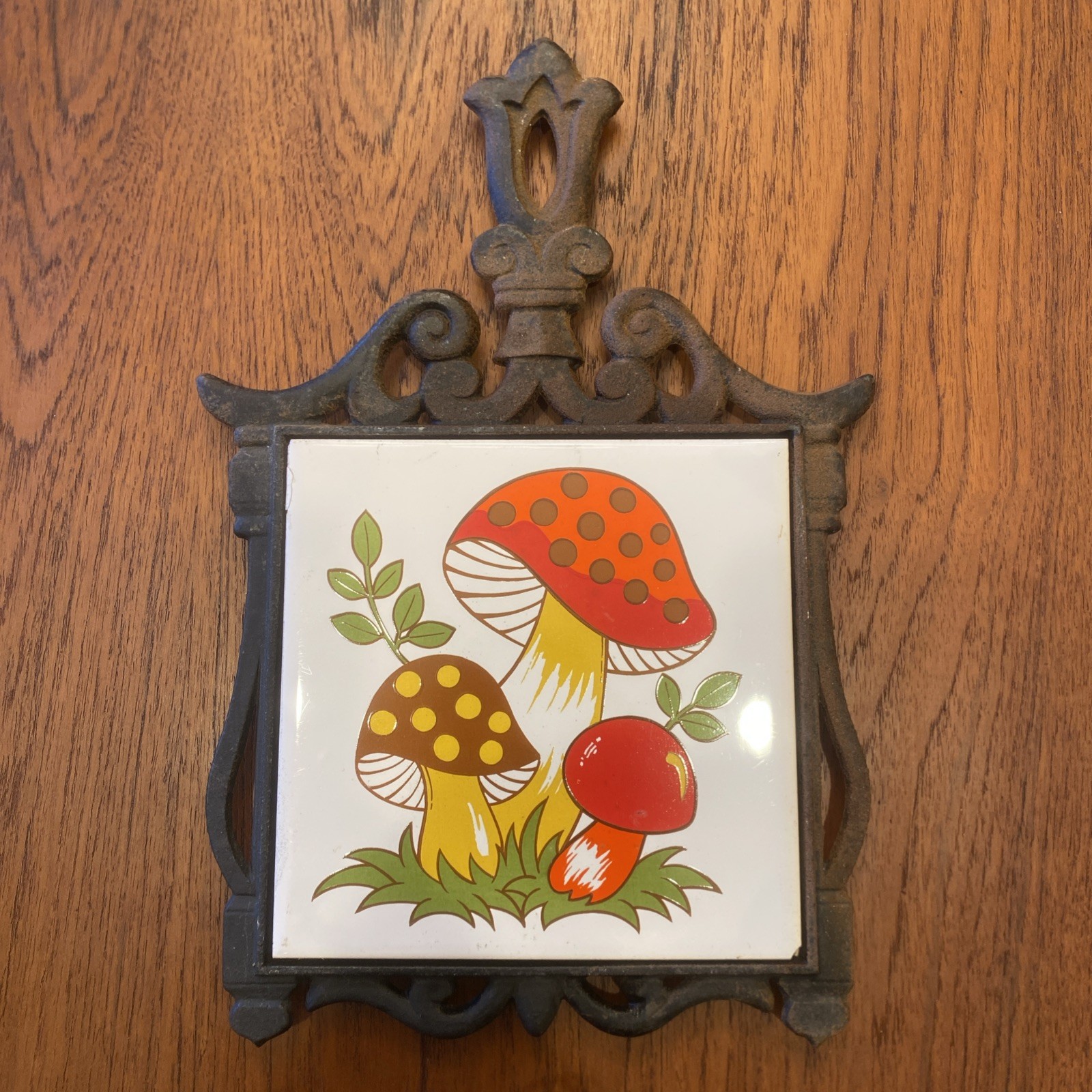 Vintage 1970s Merry Mushroom Tile & Cast Iron Trivet Sears Roebuck Made in Japan
