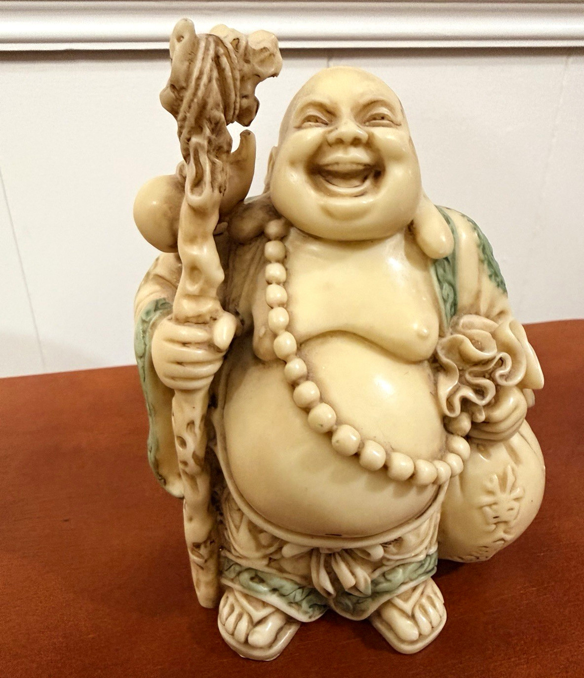 Vintage Heavy Standing Laughing Buddha Figurine - with Dragon staff & wealth bag Vintage Heavy Standing Laughing Buddha Figurine - with Dragon staff & wealth bag