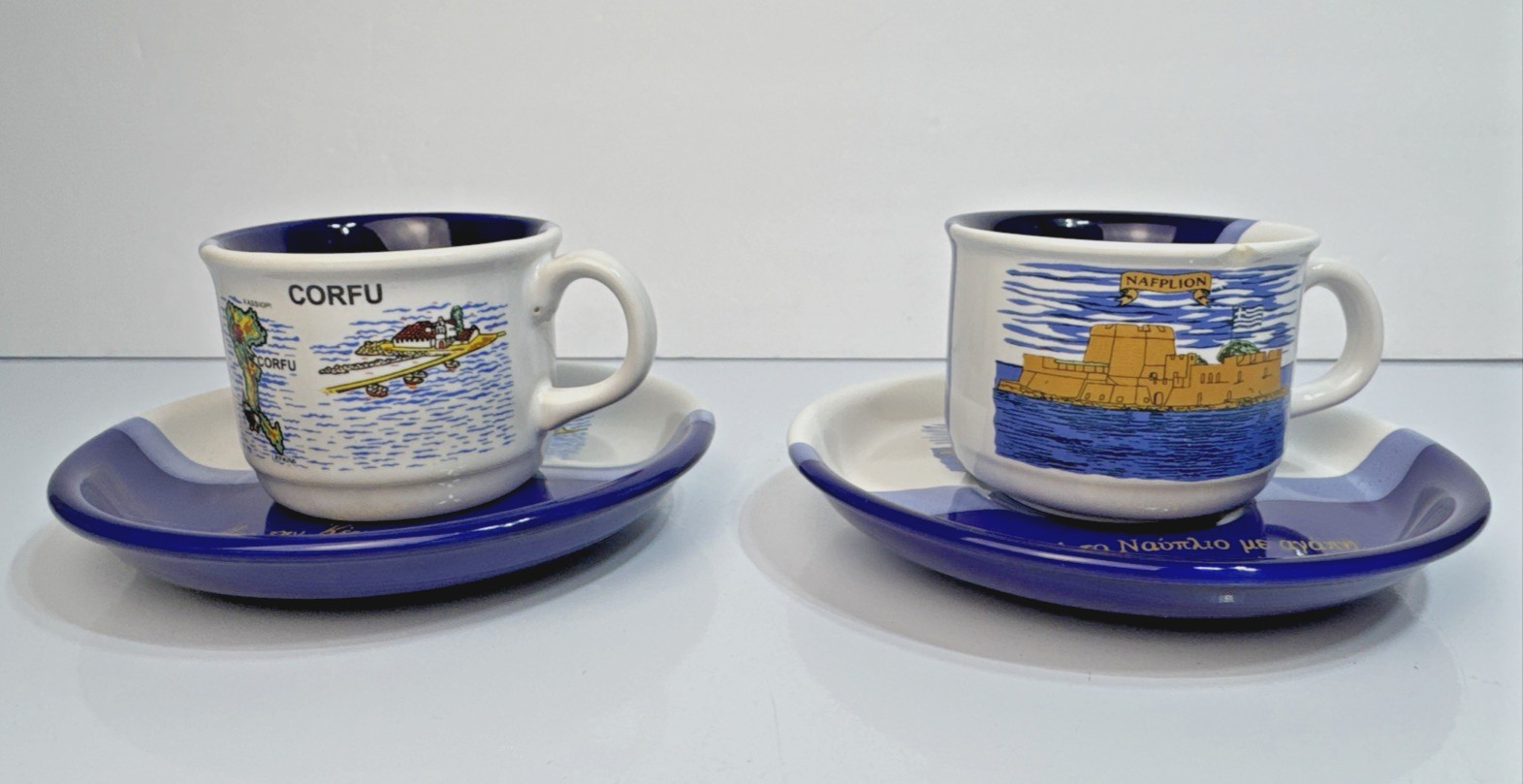 Vintage Andrew Designs Greece Demitasse Cup & Saucer Sets: Corfu & Nafplion