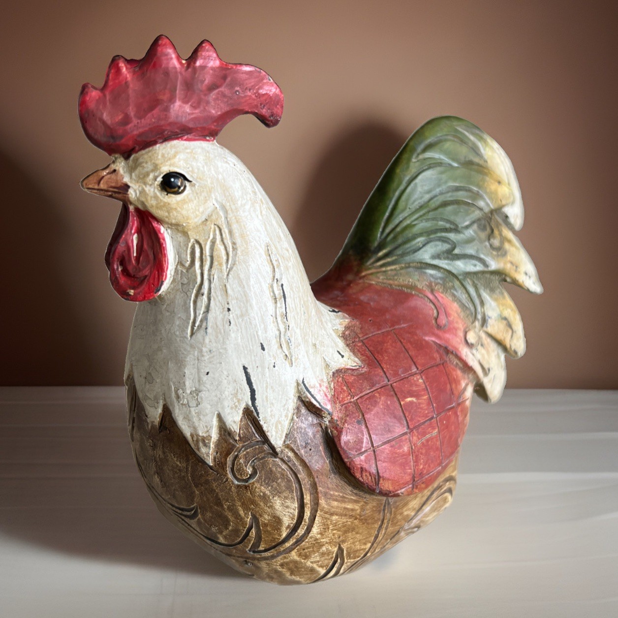 Brown, Green & Red Carved Sitting Rooster
