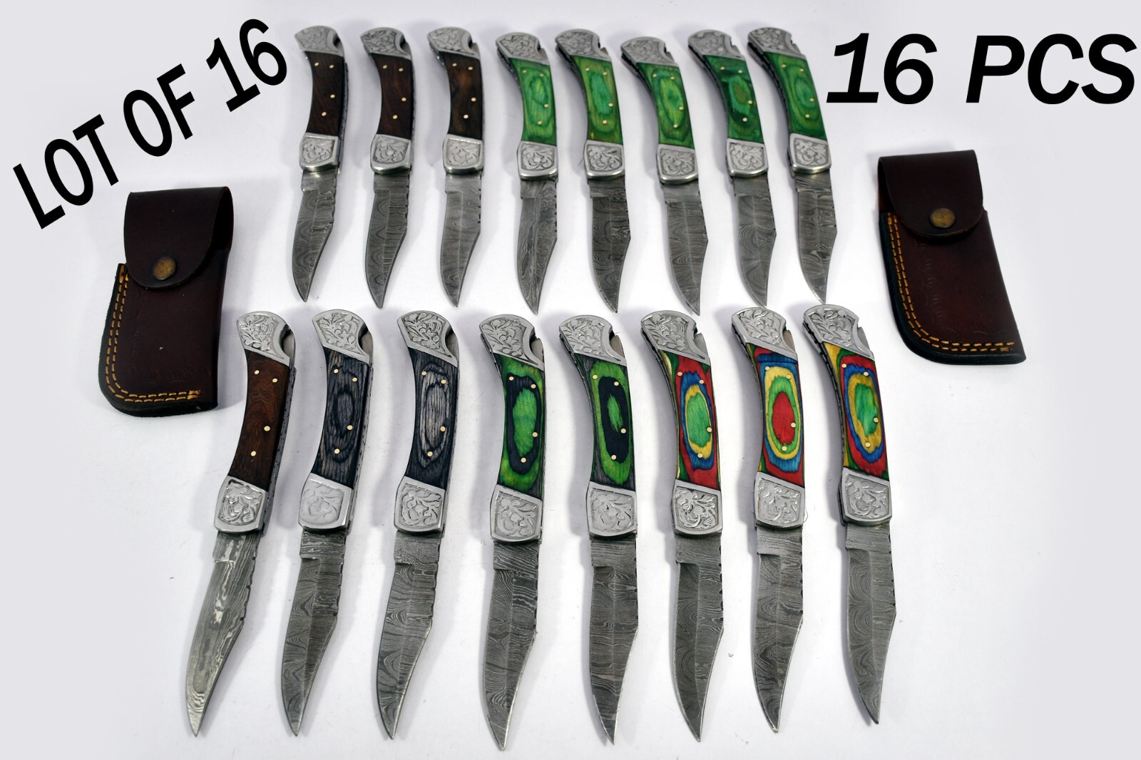 16 pieces Damascus steel blade back lock folding knife with Leather sheath 5083