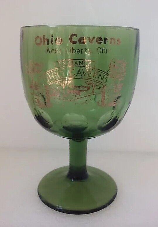 Vtg Ohio Caverns Green Glass Pedestal Beer Goblet Cup Souvenir West Liberty Ohio