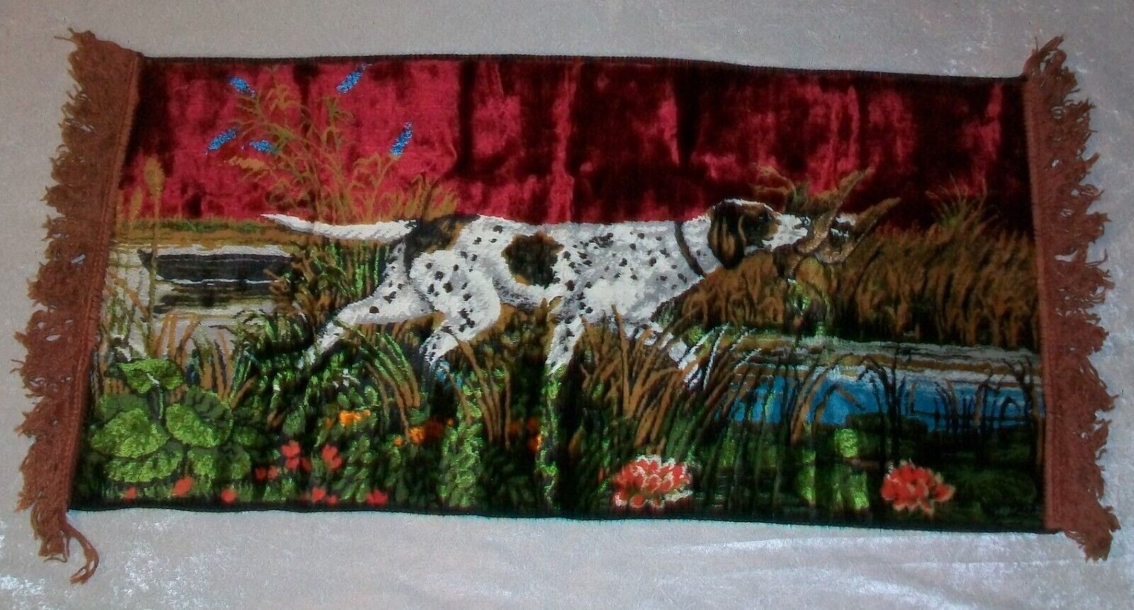 Vintage 1966 Italian Red Velvet German Shorthair Dog Duck Hunt Wall Tapestry