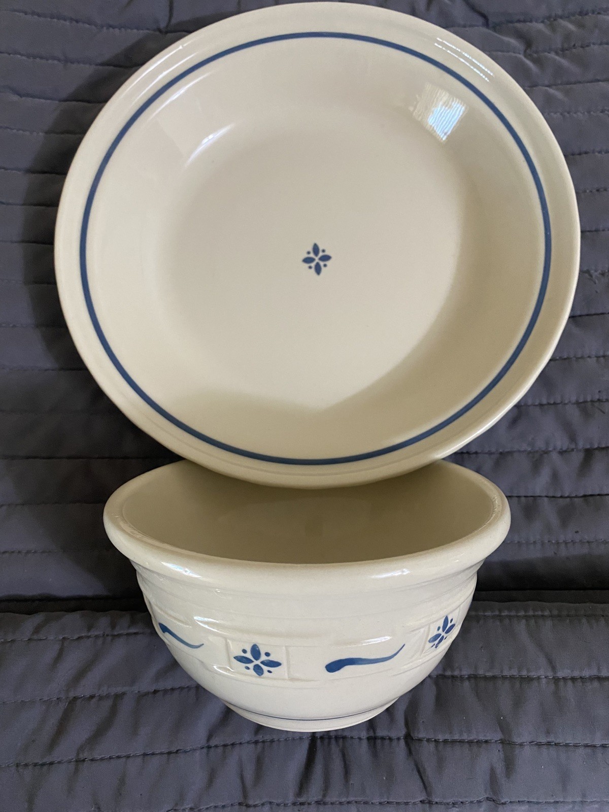 Longaberger Woven Traditions 10 inch Pie Plate and Bowl Pottery 1991 Longaberger Woven Traditions 10 inch Pie Plate and Bowl Pottery 1991