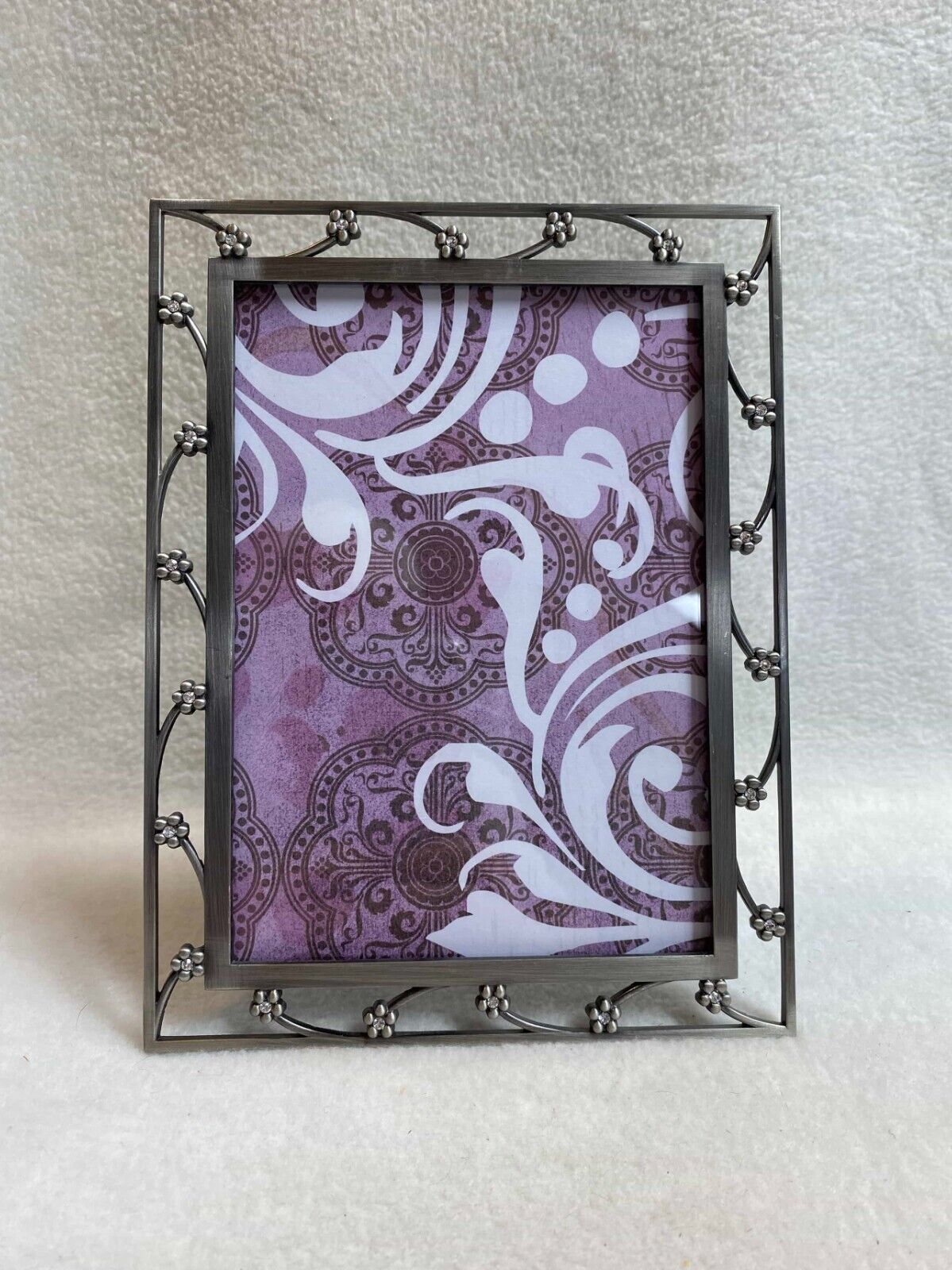Vintage Silver Metal Picture Frame - Flowers with Crystals (insert 5 x 7)