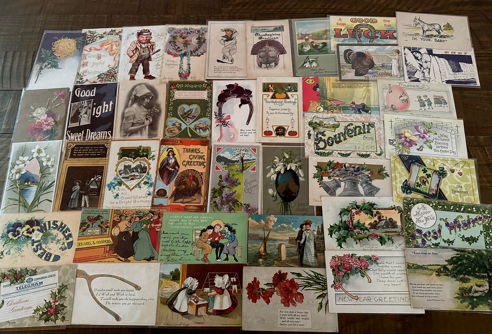 ~Lot of 43 Antique 1900's~Mixed Topics Greetings Postcards~All with stamps-h808