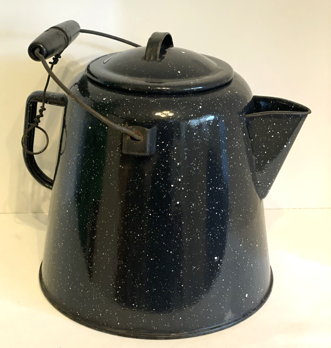 Vintage Speckled Black Enamelware Cowboy Coffee Pot Rustic Primitive Country