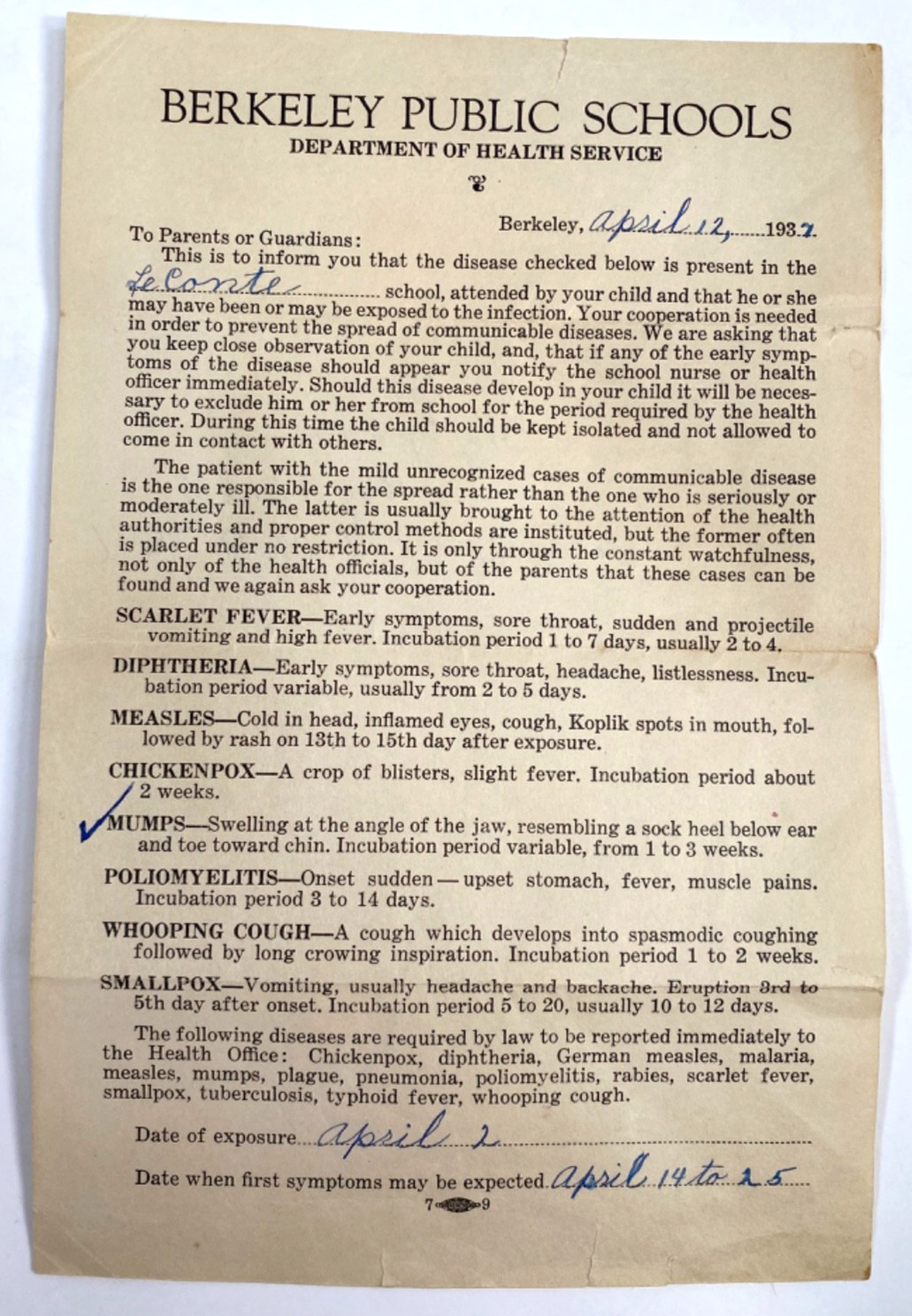 1937 BERKELEY PUBLIC SCHOOLS - CALIFORNIA department of health MUMPS OUTBREAK