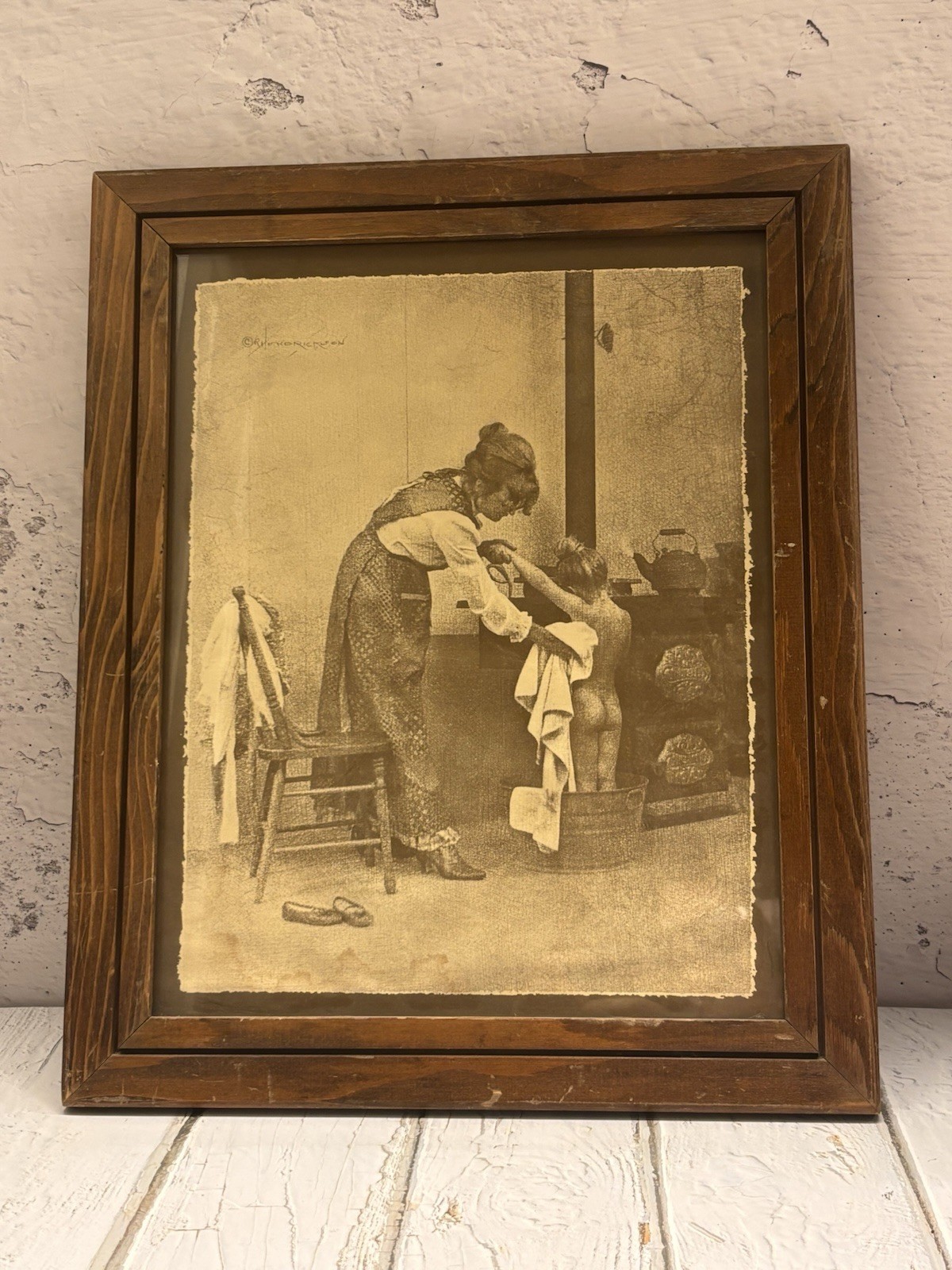 Vintage R Hendrickson Sepia Print Bath Time Mother Child Wood Stove Framed 17\