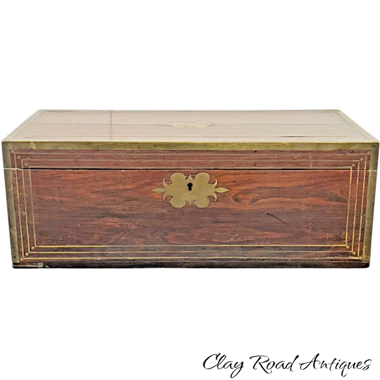 ANTIQUE  campaign brass inlay rosewood lap desk 1800s Edwardian box tic